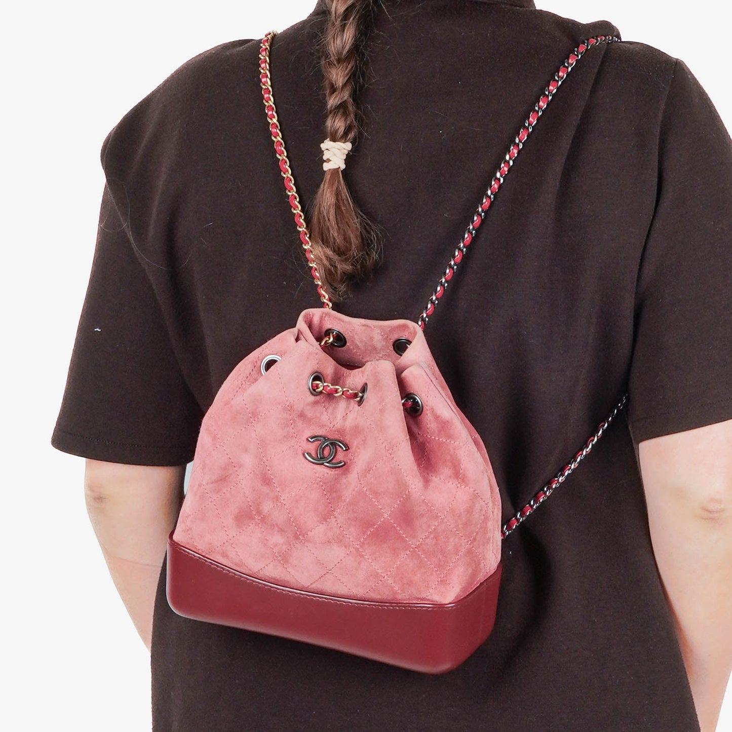 Chanel Quilted Suede Small Gabrielle Bucket Bag With Gold-Tone, Silver And Aged Silver Hardware