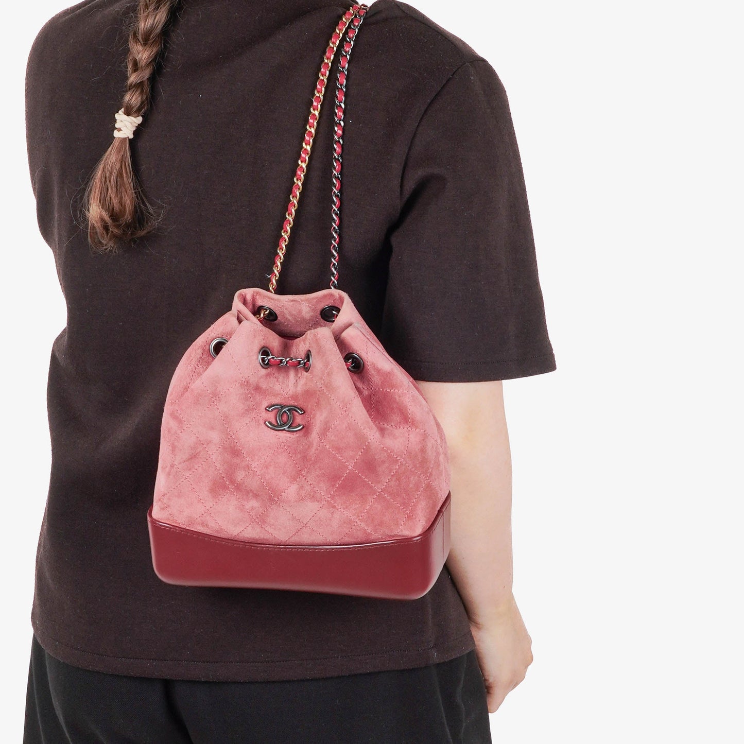 Chanel Quilted Suede Small Gabrielle Bucket Bag With Gold-Tone, Silver And Aged Silver Hardware