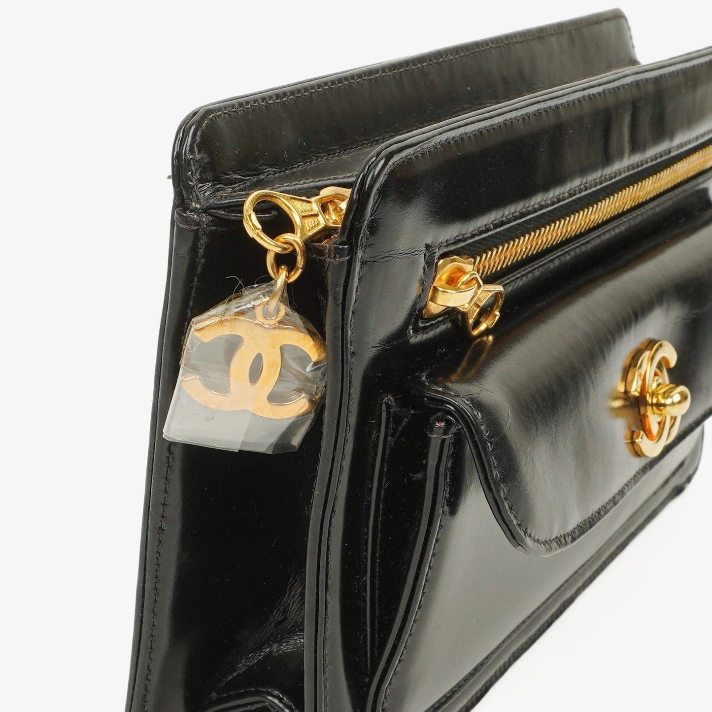 Chanel Black Patent Leather CC Logo Wrist Pouch