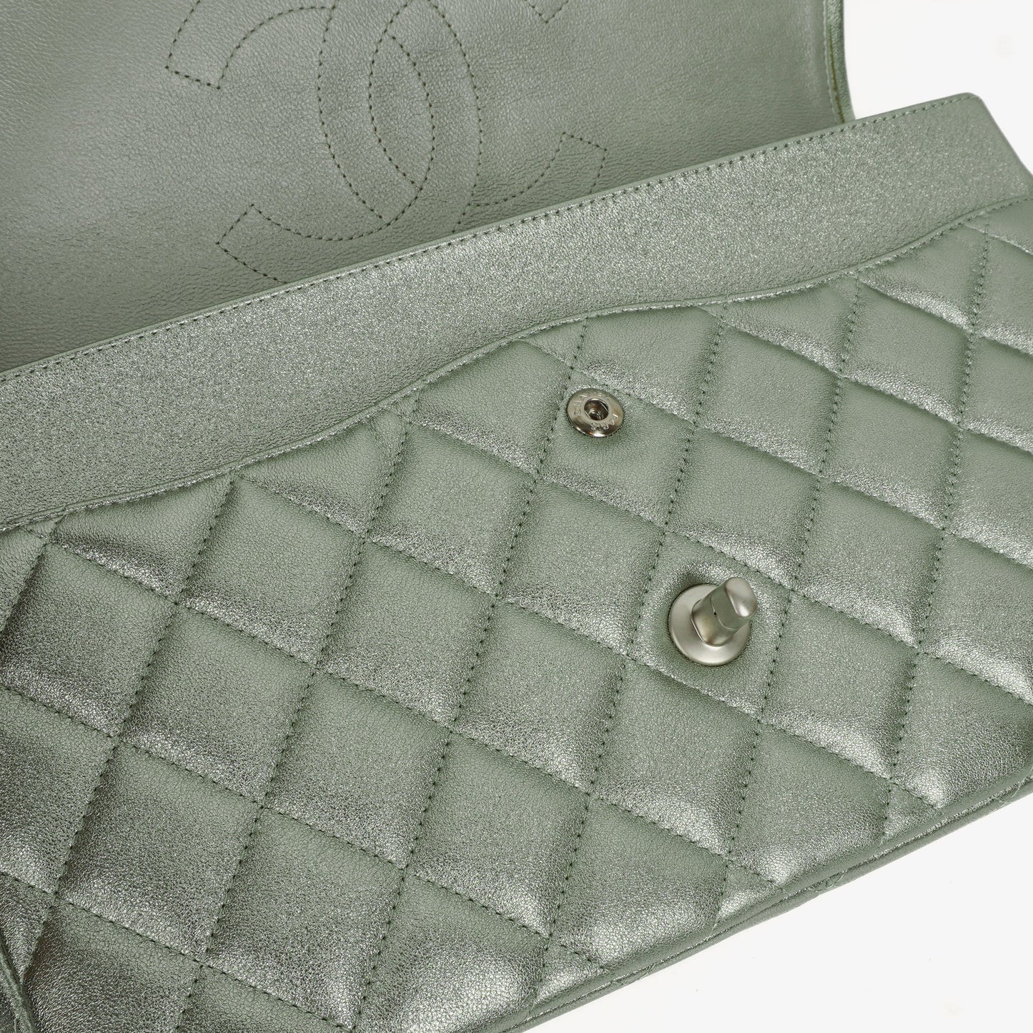 Chanel Classic Metallic Green Quilted Lambskin Jumbo Double Flap Bag