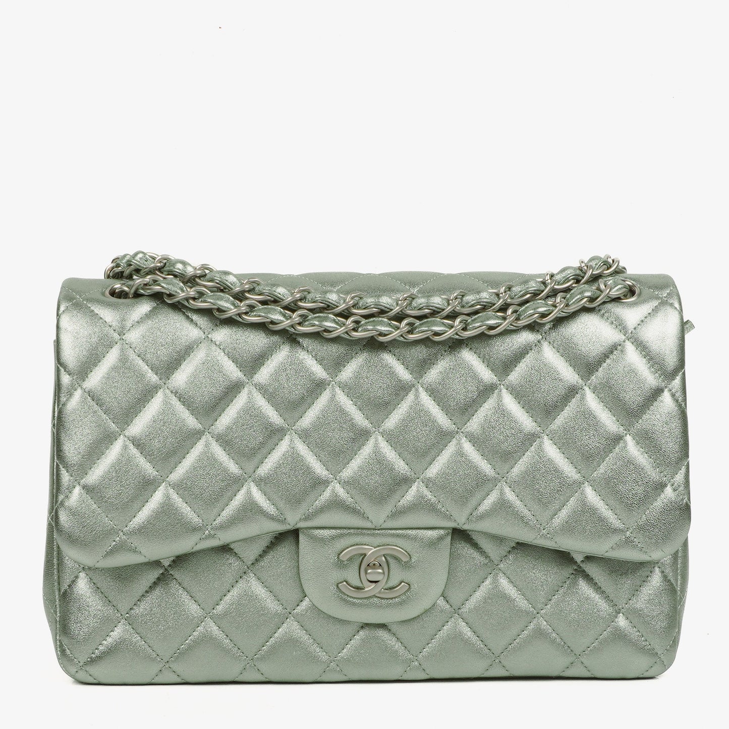 Chanel Classic Metallic Green Quilted Lambskin Jumbo Double Flap Bag