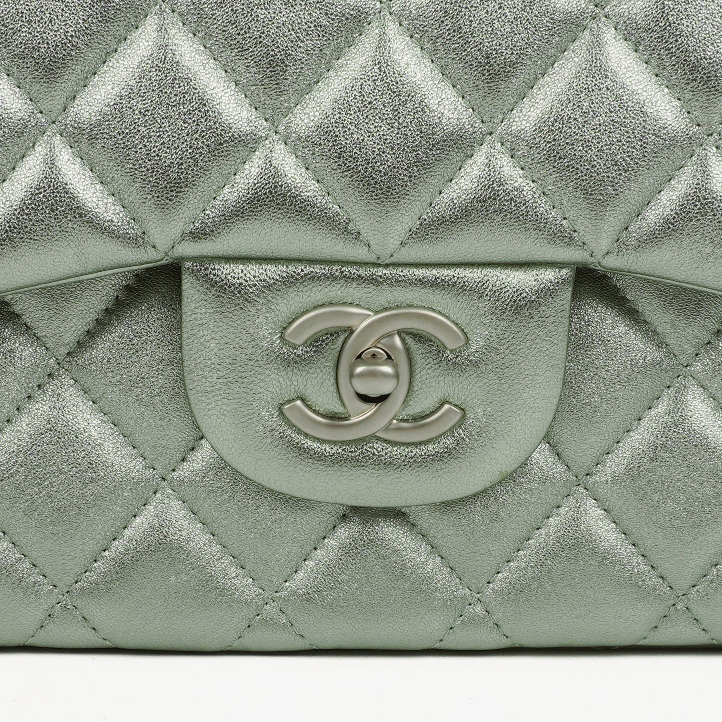 Chanel Classic Metallic Green Quilted Lambskin Jumbo Double Flap Bag