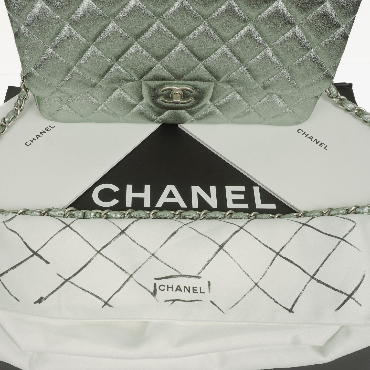 Chanel Classic Metallic Green Quilted Lambskin Jumbo Double Flap Bag
