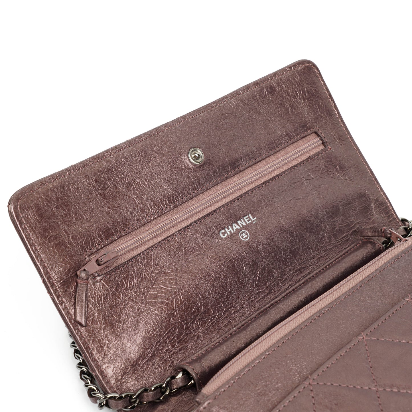 Chanel 2.55 Reissue Wallet on Chain WOC in Purple Quilted Aged Metallic Calfskin