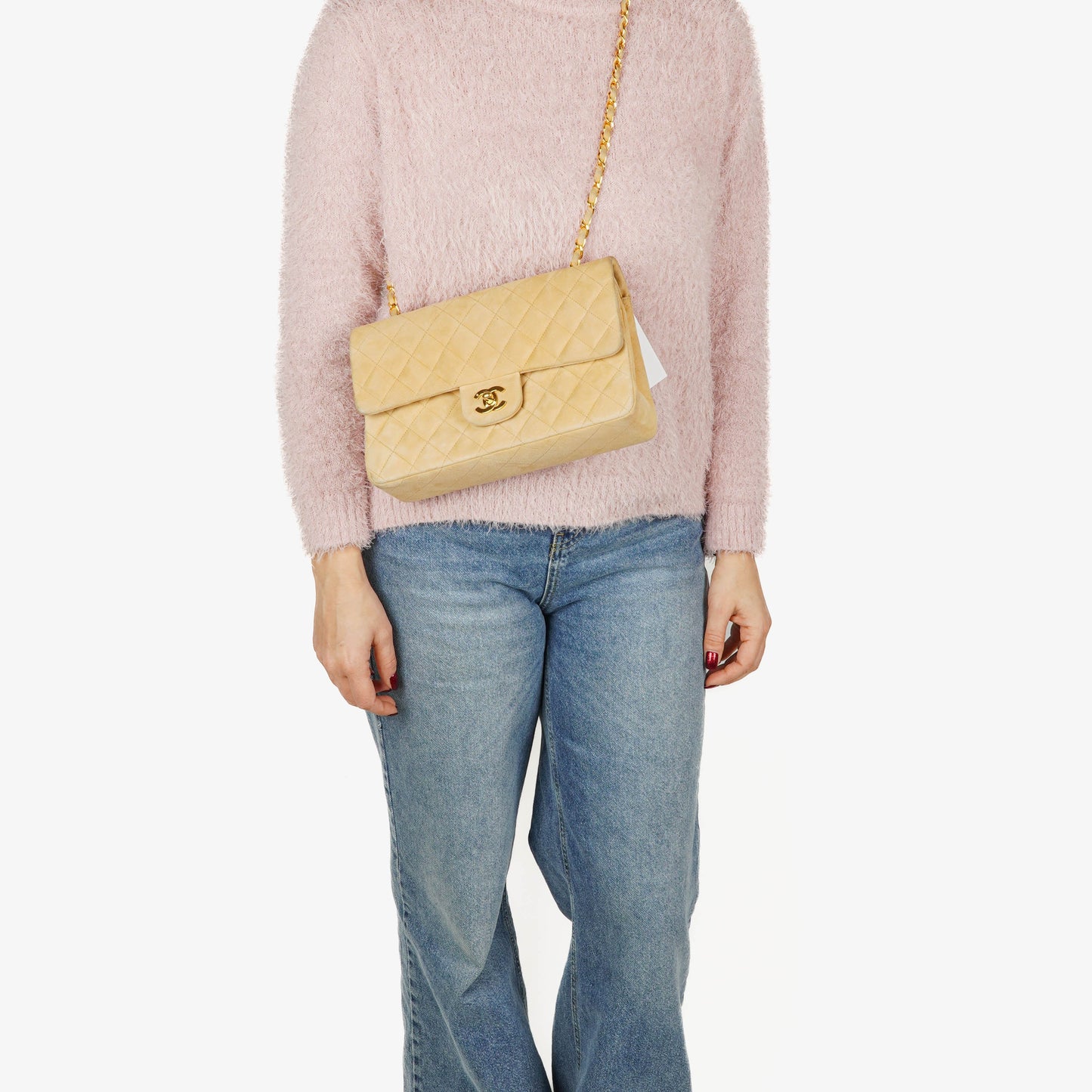 Chanel Medium Classic  Double Flap Bag Beige Suede 24K Gold-Plated Hardware
