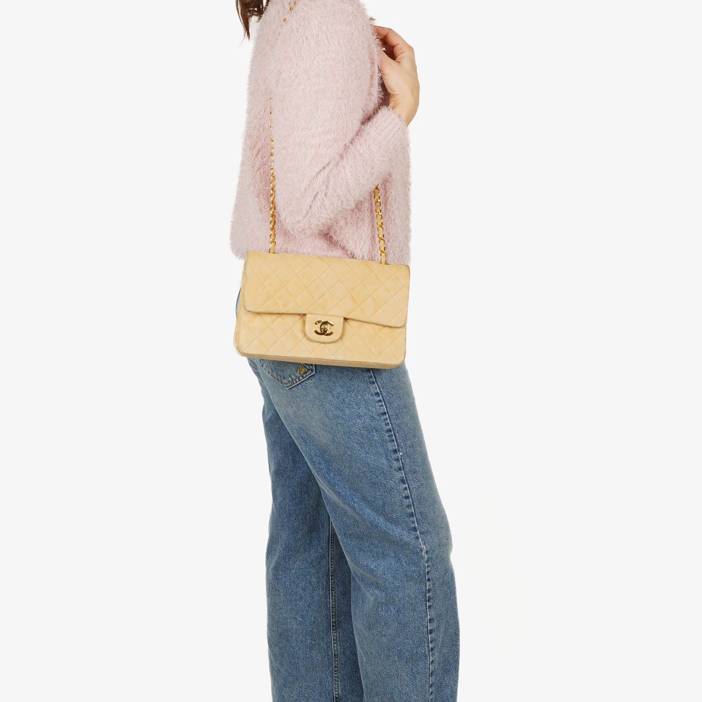 Chanel Medium Classic  Double Flap Bag Beige Suede 24K Gold-Plated Hardware