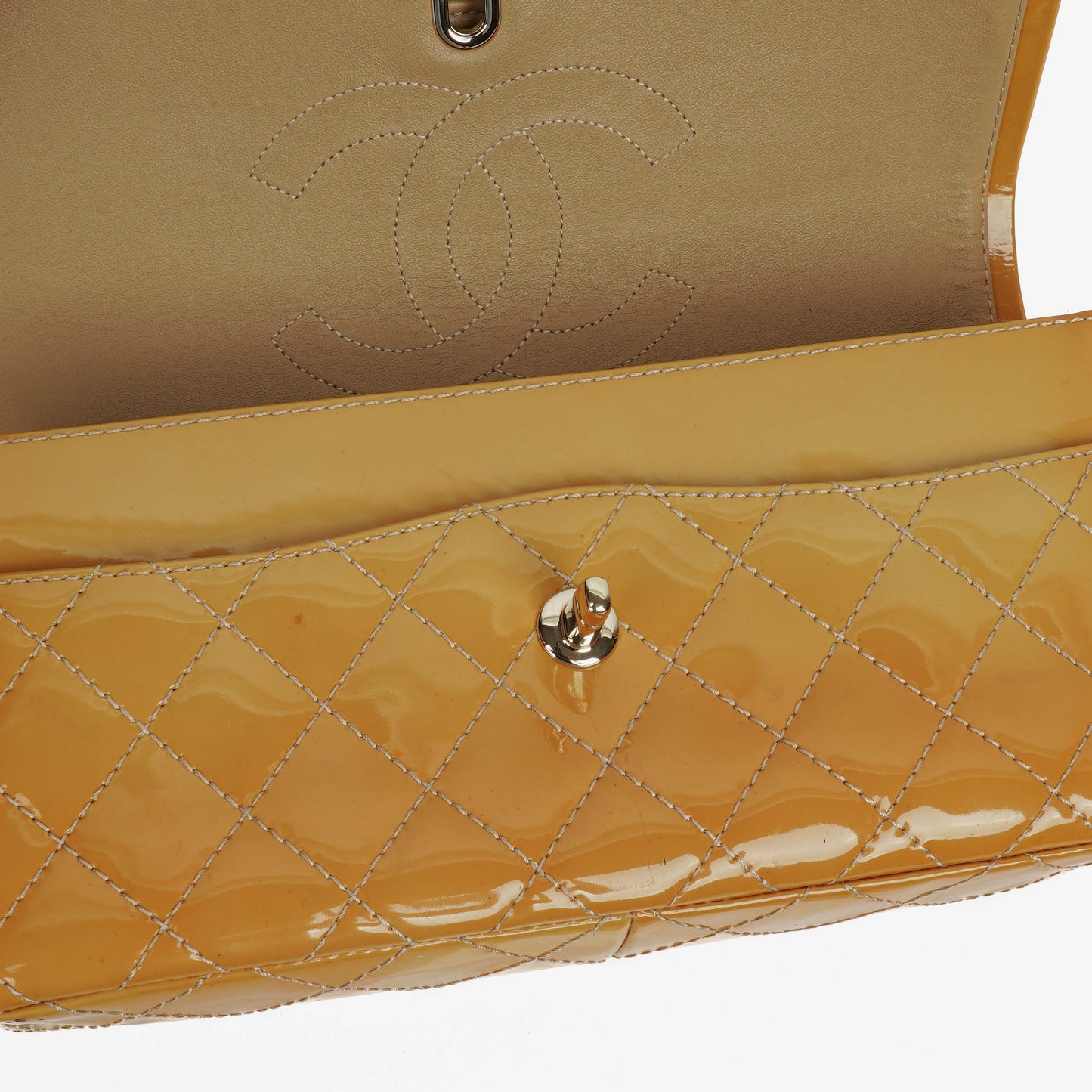 Chanel Double Flap Bag Yellow Quilted Patent Leather With Silver-Tone Hardware