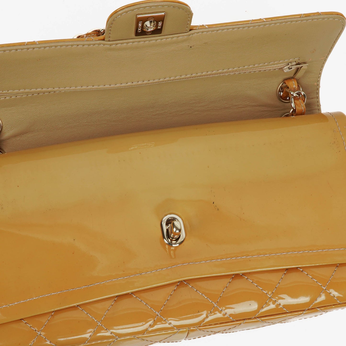 Chanel Double Flap Bag Yellow Quilted Patent Leather With Silver-Tone Hardware