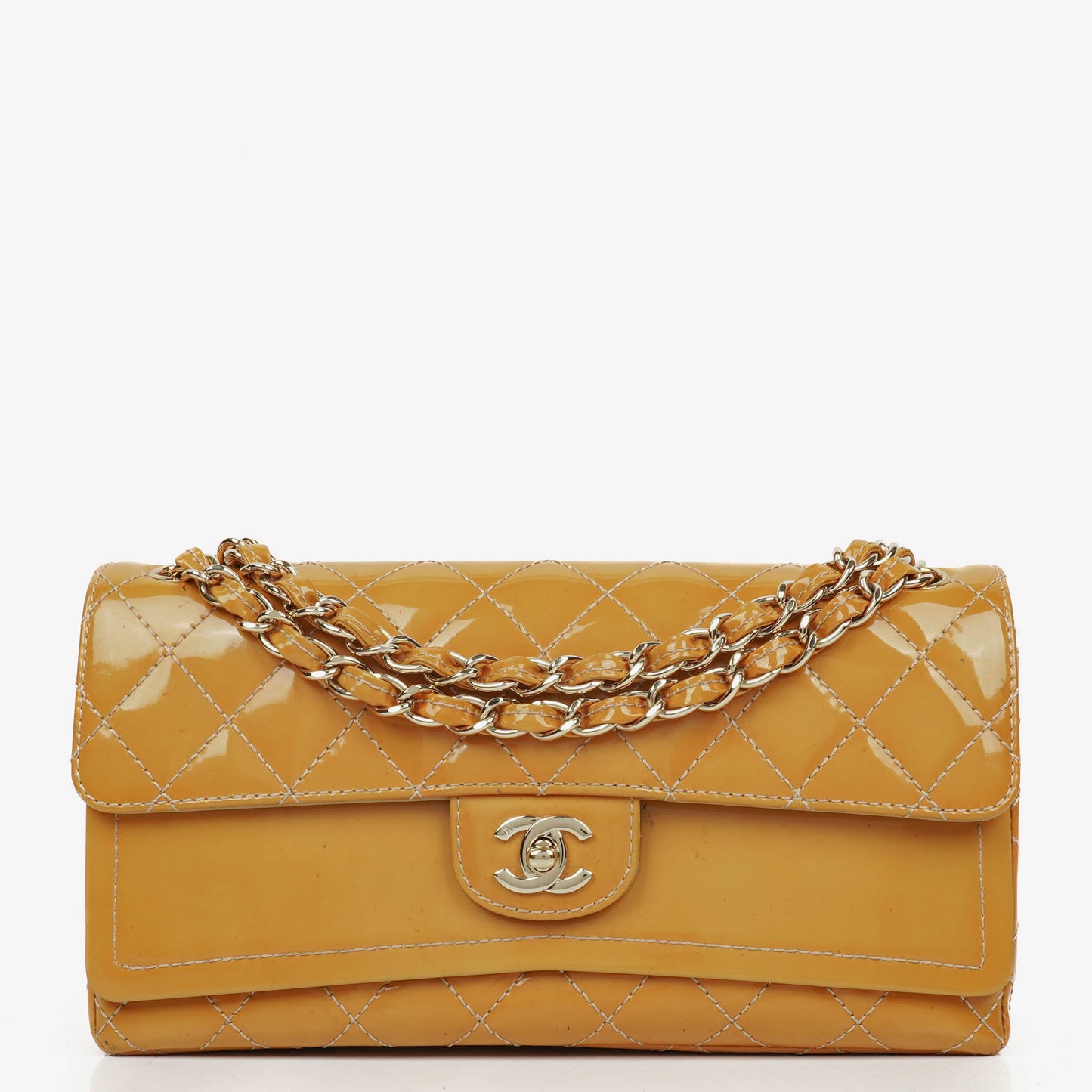 Chanel Double Flap Bag Yellow Quilted Patent Leather With Silver-Tone Hardware