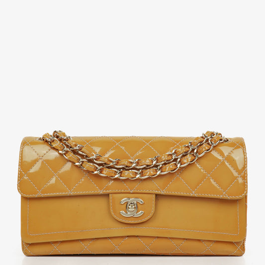 Chanel Double Flap Bag Yellow Quilted Patent Leather With Silver-Tone Hardware