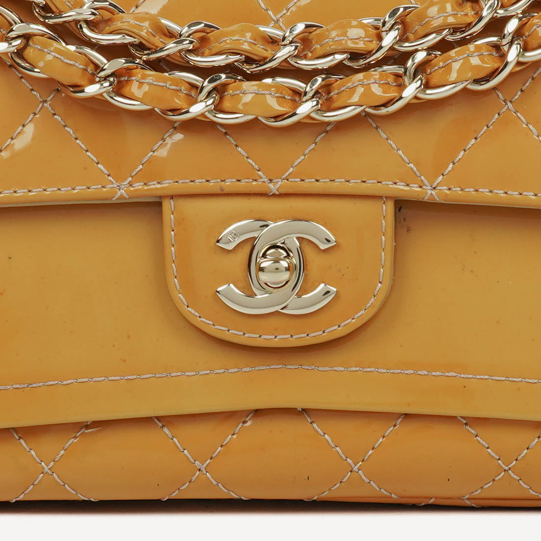 Chanel Double Flap Bag Yellow Quilted Patent Leather With Silver-Tone Hardware