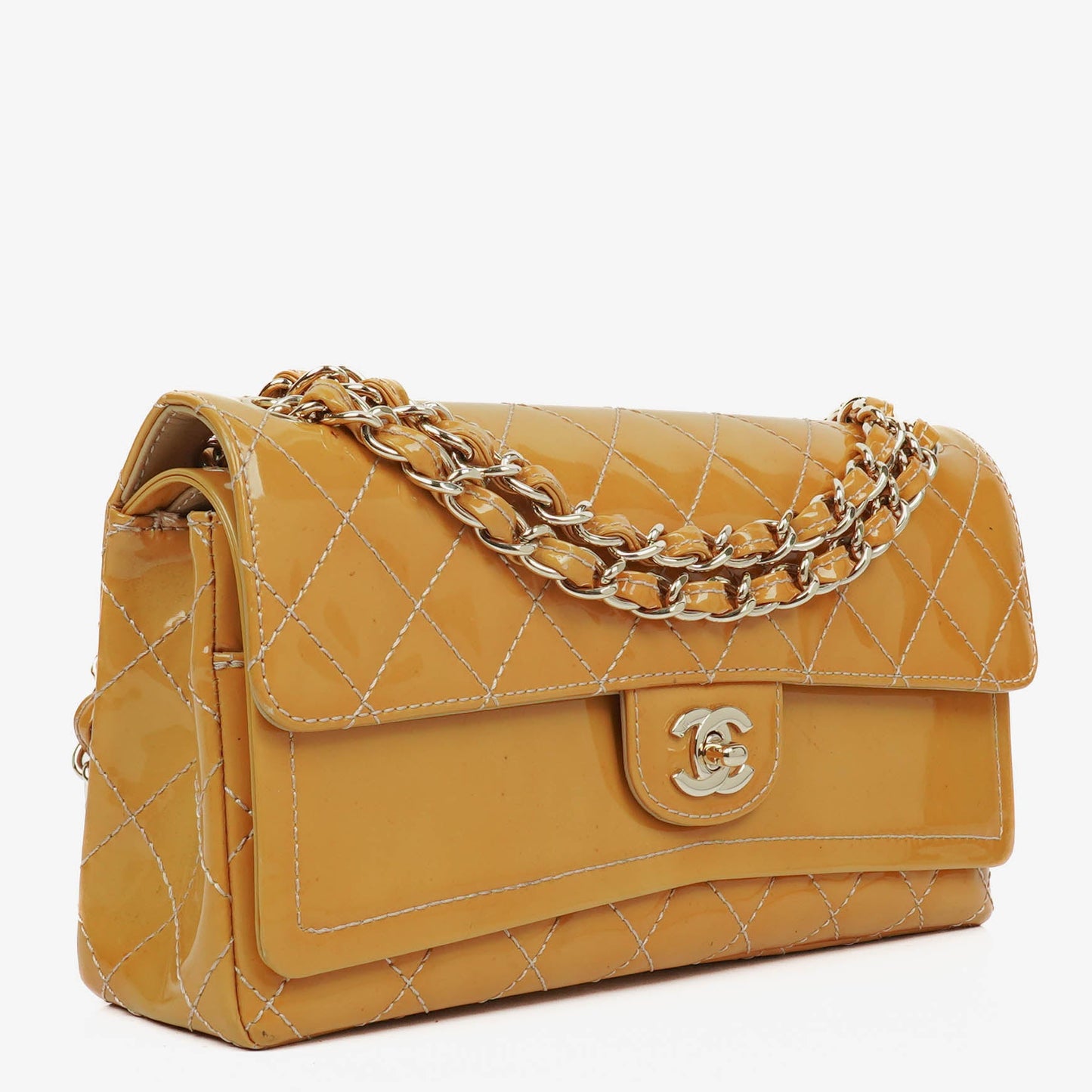 Chanel Double Flap Bag Yellow Quilted Patent Leather With Silver-Tone Hardware