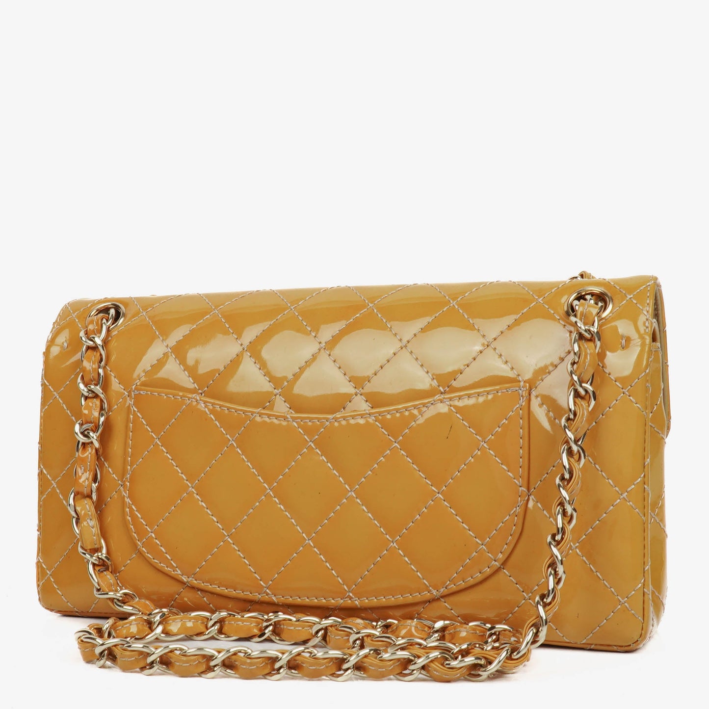 Chanel Double Flap Bag Yellow Quilted Patent Leather With Silver-Tone Hardware