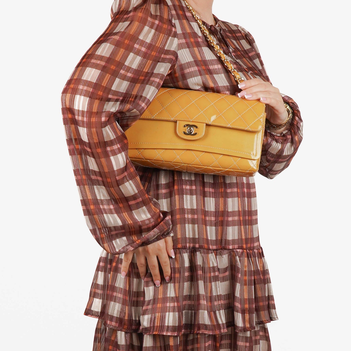 Chanel Double Flap Bag Yellow Quilted Patent Leather With Silver-Tone Hardware