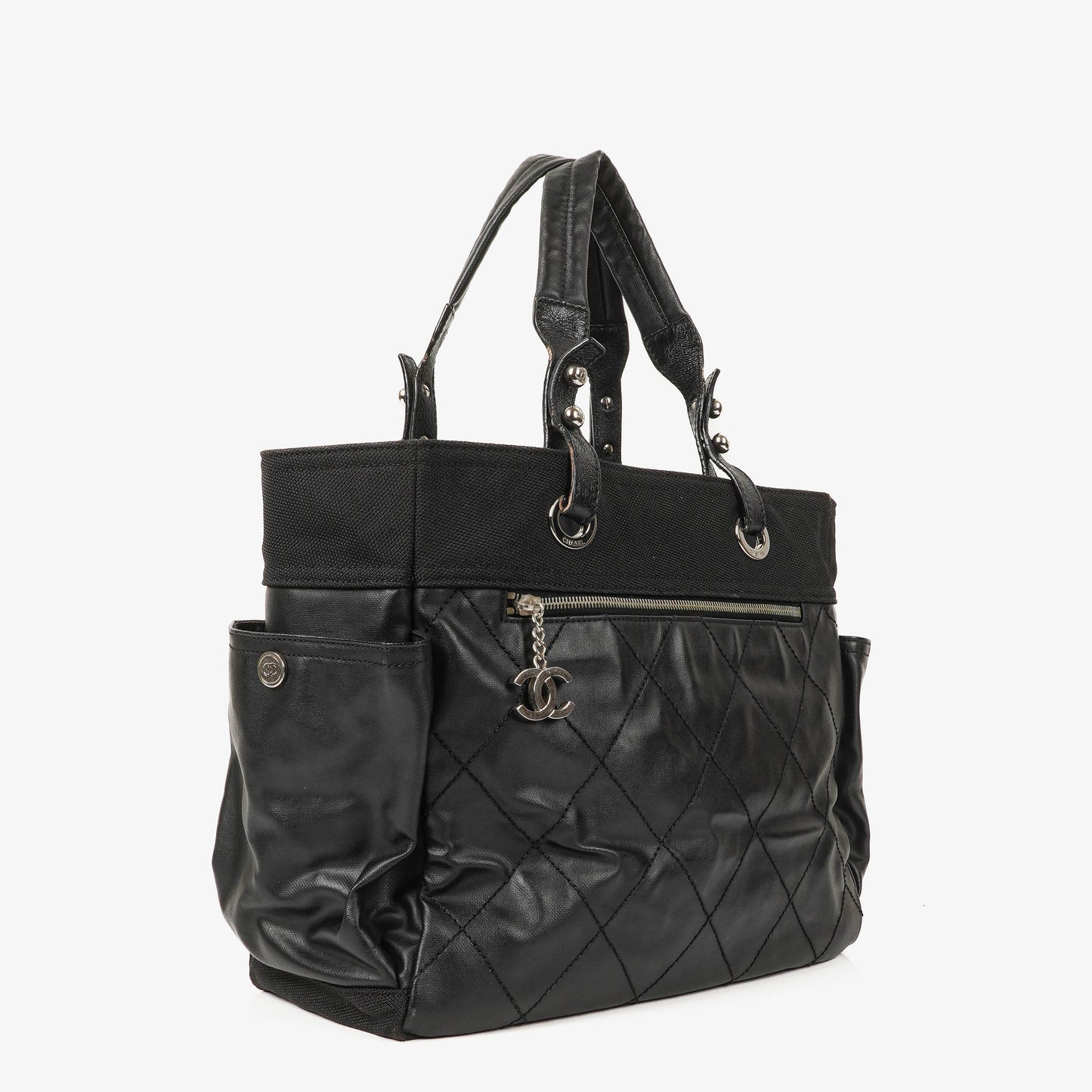 Chanel Paris-Biarritz Black Quilted Coated Canvas Grand Shopping Tote Bag