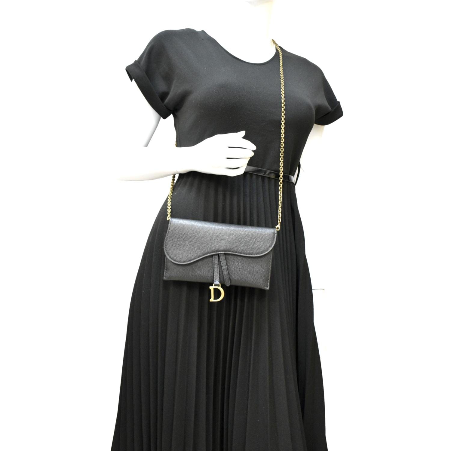 CHRISTIAN DIOR Long Saddle Leather Crossbody Chain Wallet Black