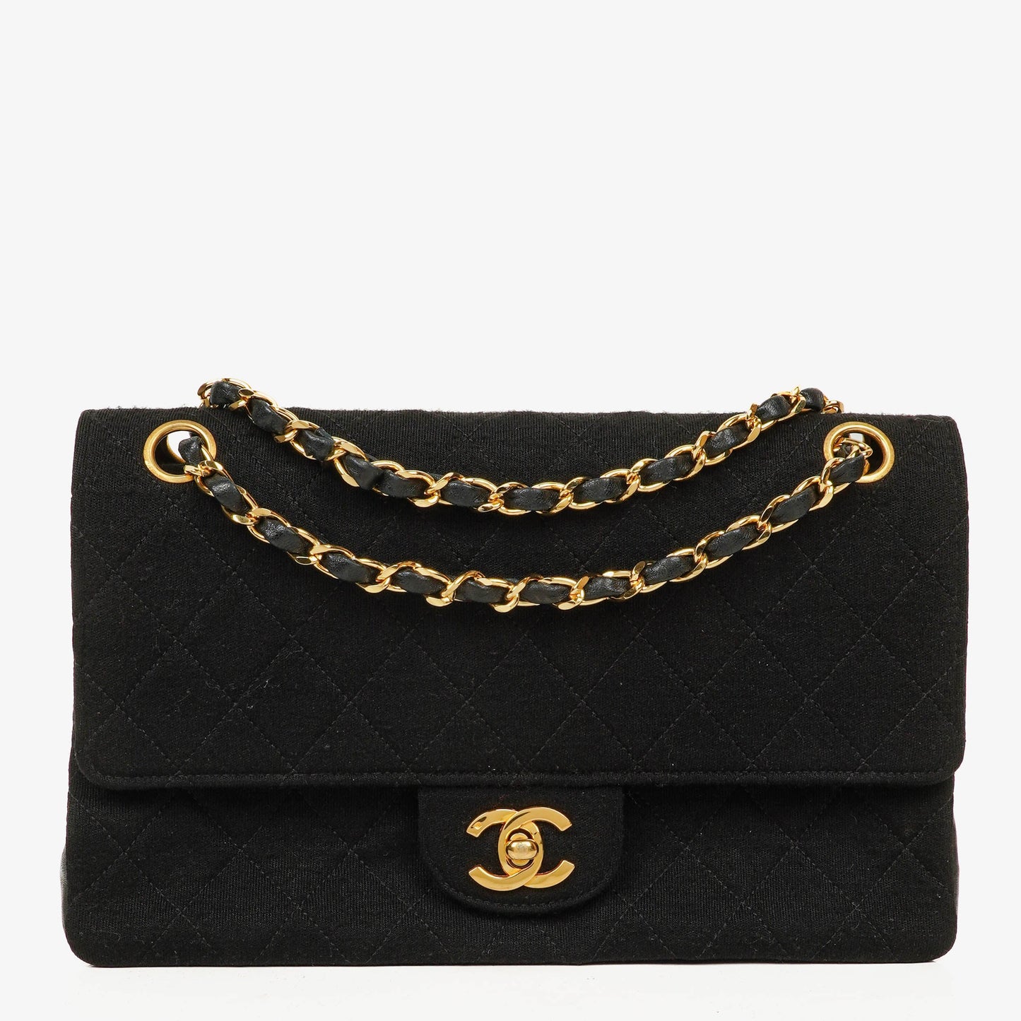 Chanel Medium Classic Double Flap Bag Black Quilted Jersey With 24K Gold-Plated Hardware