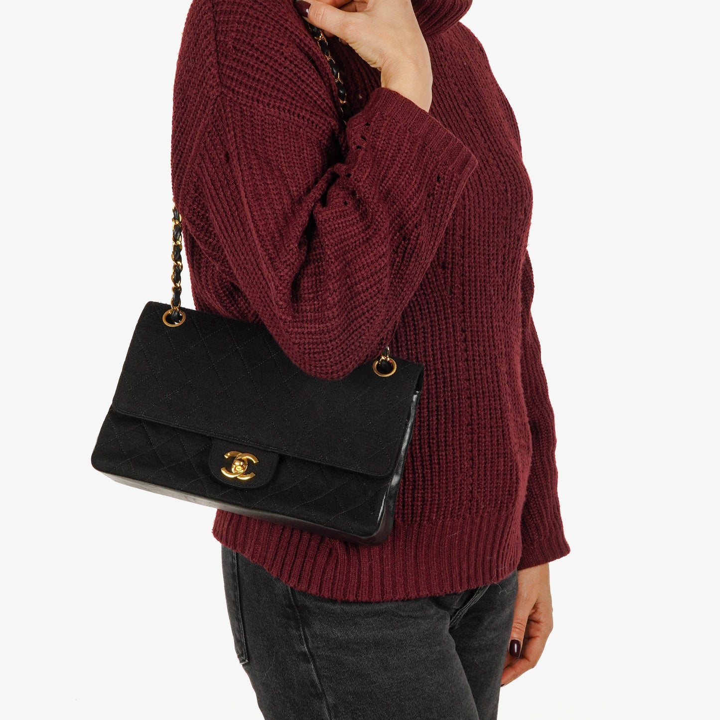 Chanel Medium Classic Double Flap Bag Black Quilted Jersey With 24K Gold-Plated Hardware