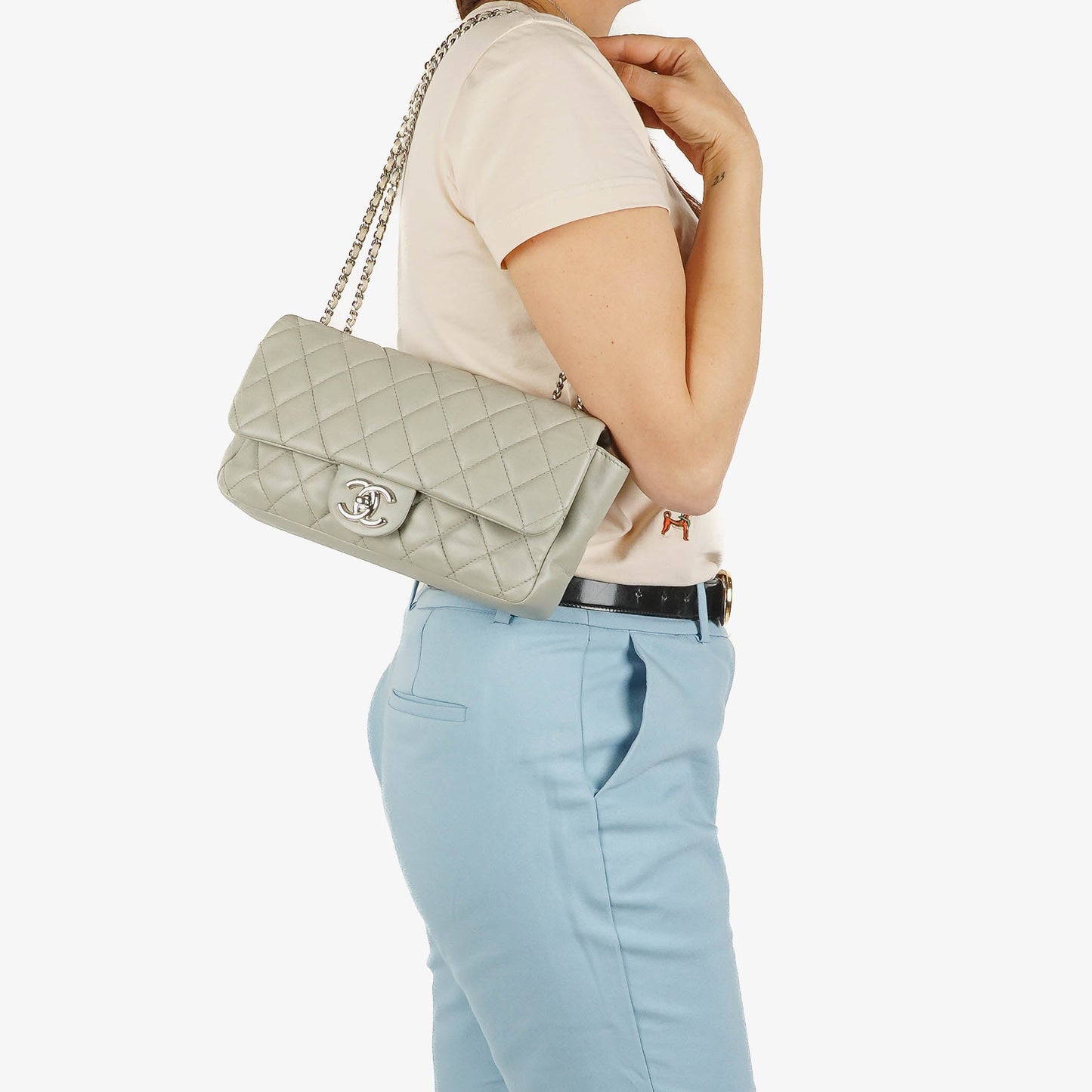 Chanel East West Quilted Leather Flap Bag With Silver-Tone Hardware