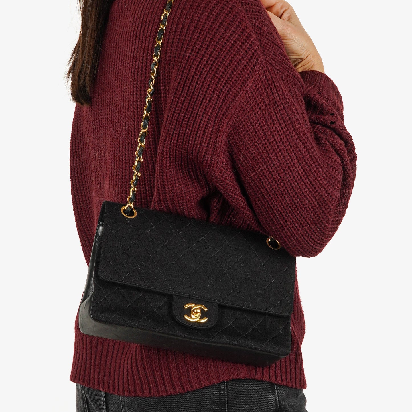 Chanel Medium Classic Double Flap Bag Black Quilted Jersey With 24K Gold-Plated Hardware