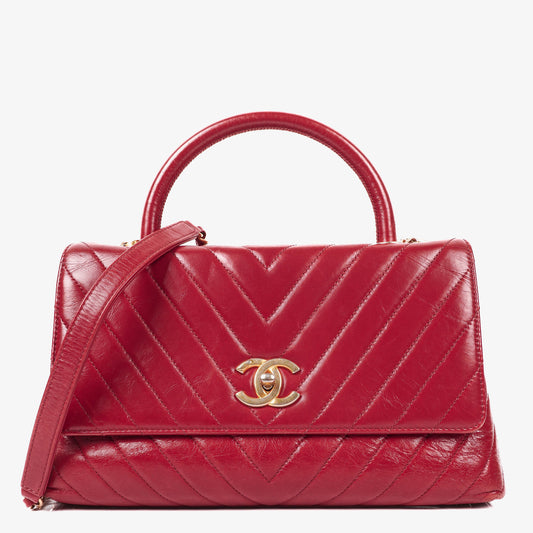 Chanel Large Red Chevron Quilted Calfskin Coco Handle Flap