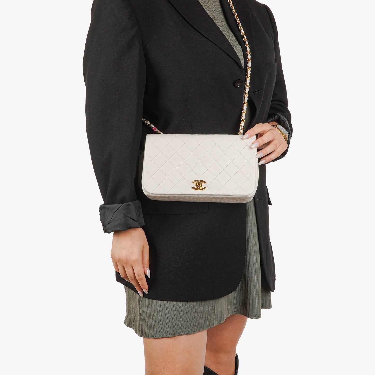 Chanel Small Classic White Quilted Lambskin Full Flap With 24K Gold-Plated Hardware
