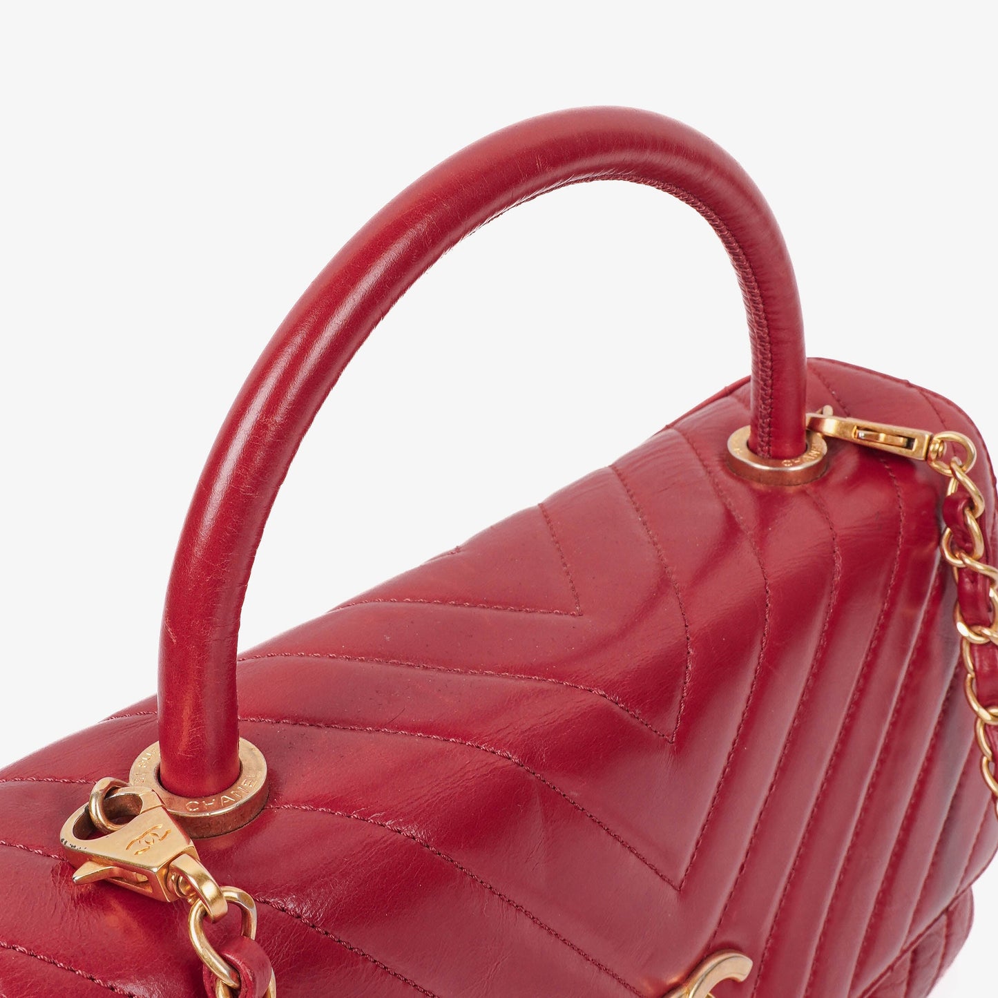 Chanel Large Red Chevron Quilted Calfskin Coco Handle Flap
