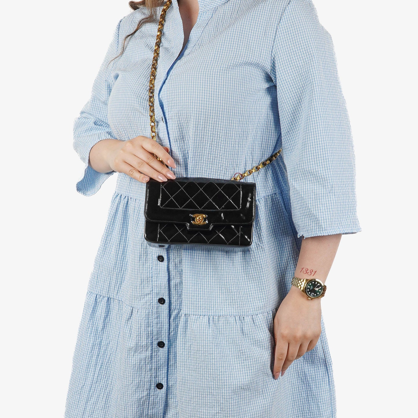 Chanel Mini Full Flap Black Quilted Patent Leather  Bag