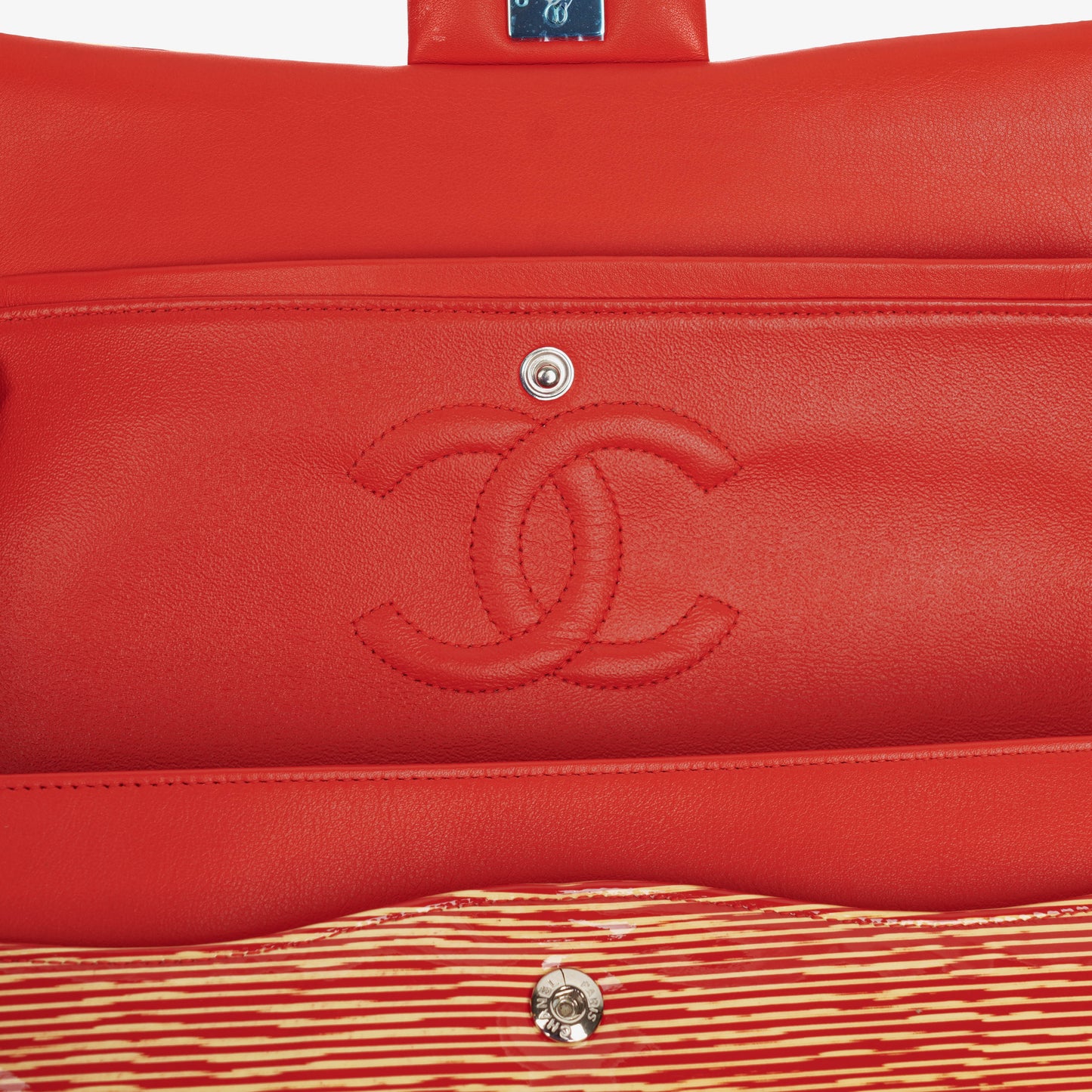 Chanel Timeless Classic Double Flap Bag In Red And Yellow Striped Patent Leather And Silver Finishes