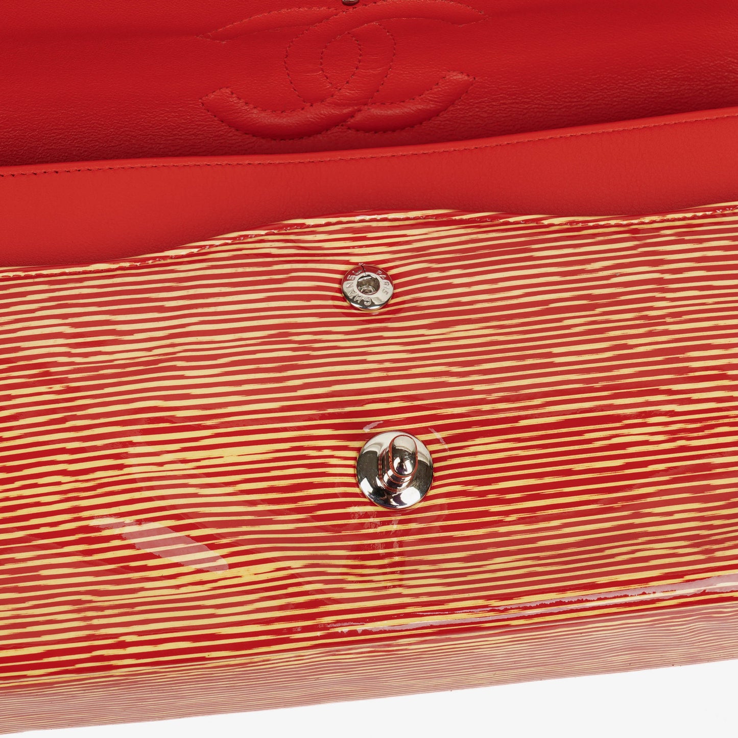 Chanel Timeless Classic Double Flap Bag In Red And Yellow Striped Patent Leather And Silver Finishes