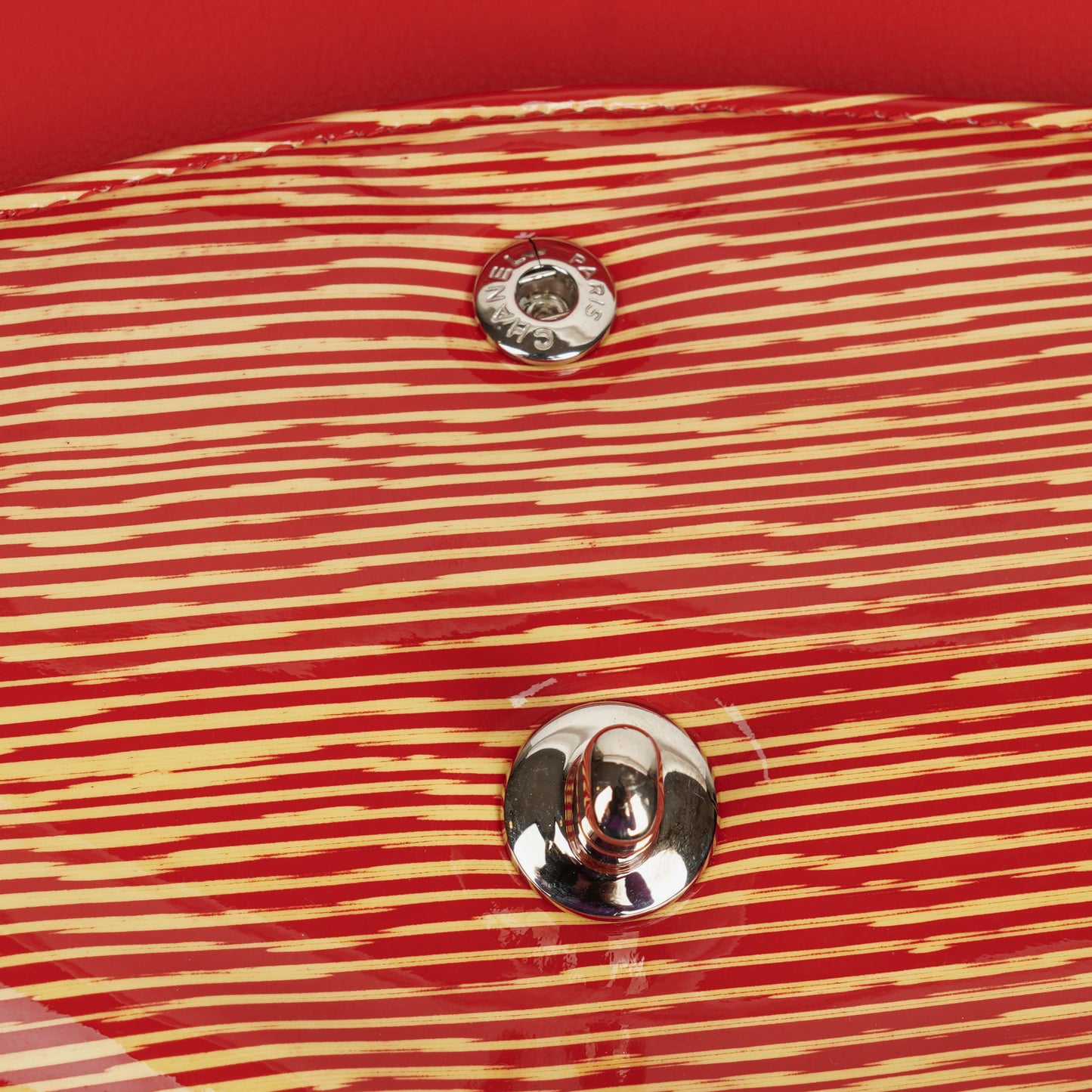 Chanel Timeless Classic Double Flap Bag In Red And Yellow Striped Patent Leather And Silver Finishes
