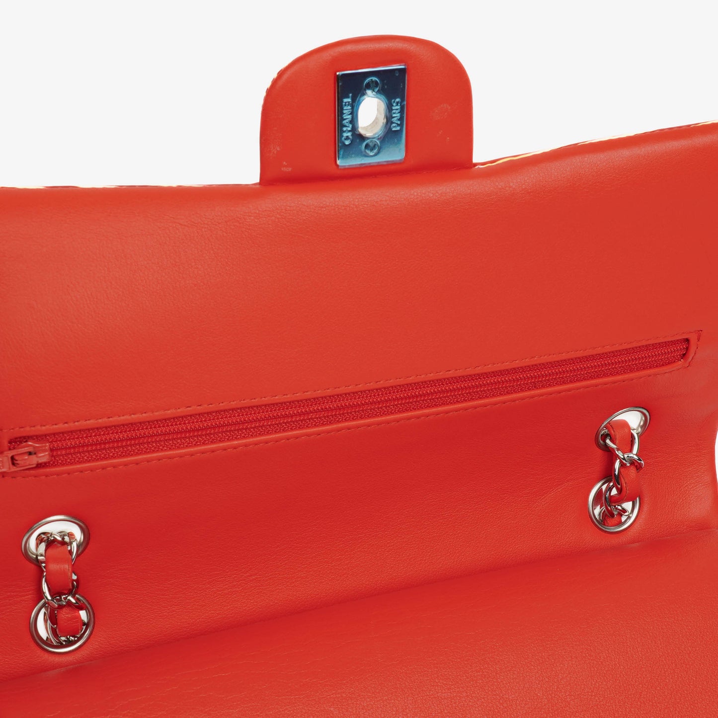 Chanel Timeless Classic Double Flap Bag In Red And Yellow Striped Patent Leather And Silver Finishes