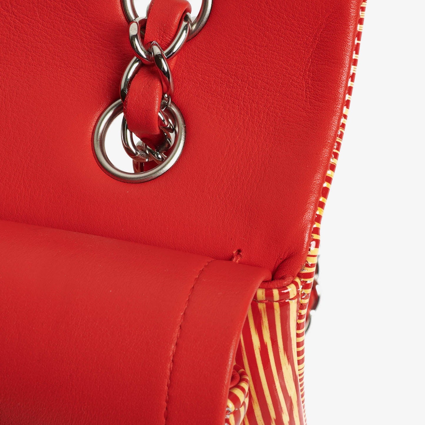 Chanel Timeless Classic Double Flap Bag In Red And Yellow Striped Patent Leather And Silver Finishes