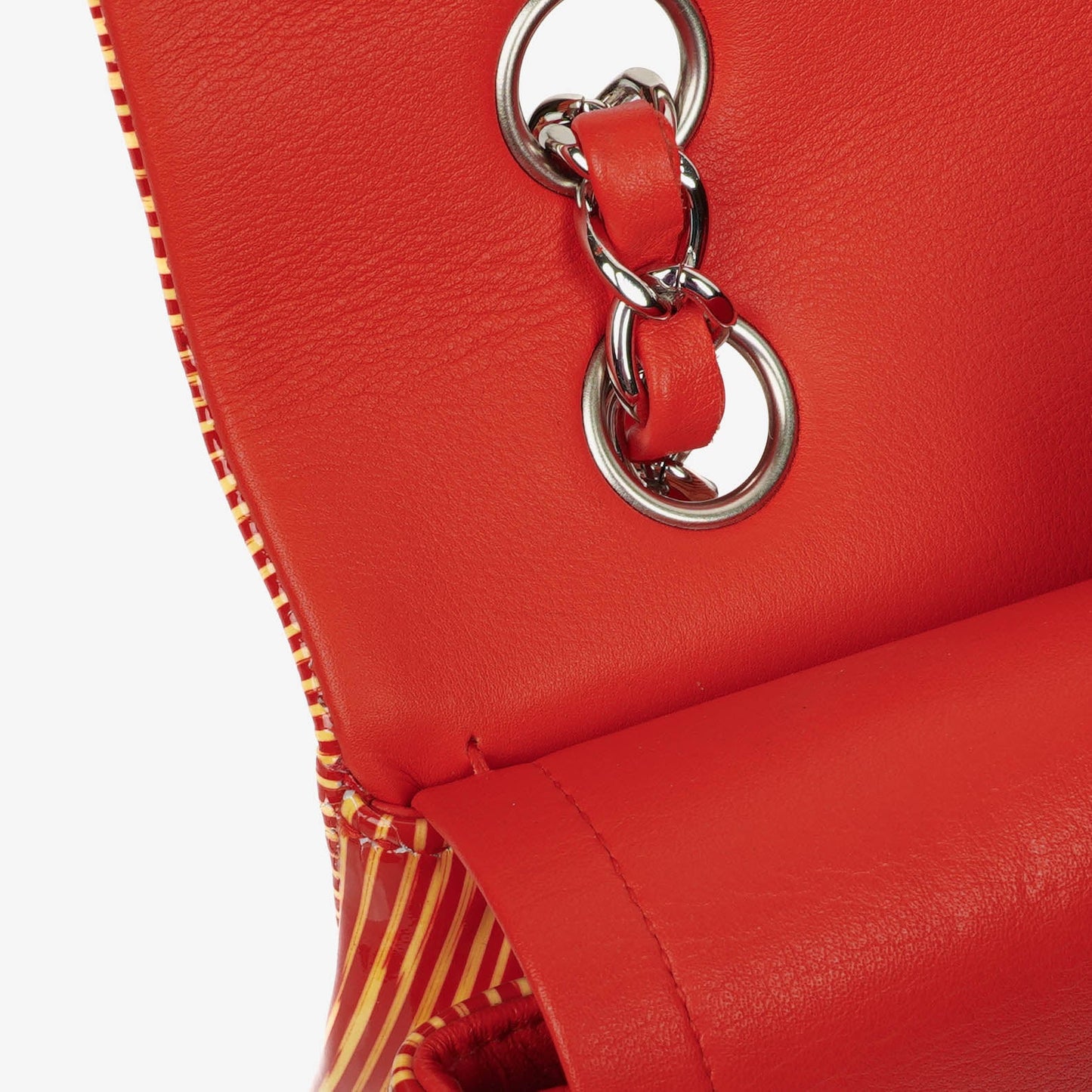 Chanel Timeless Classic Double Flap Bag In Red And Yellow Striped Patent Leather And Silver Finishes