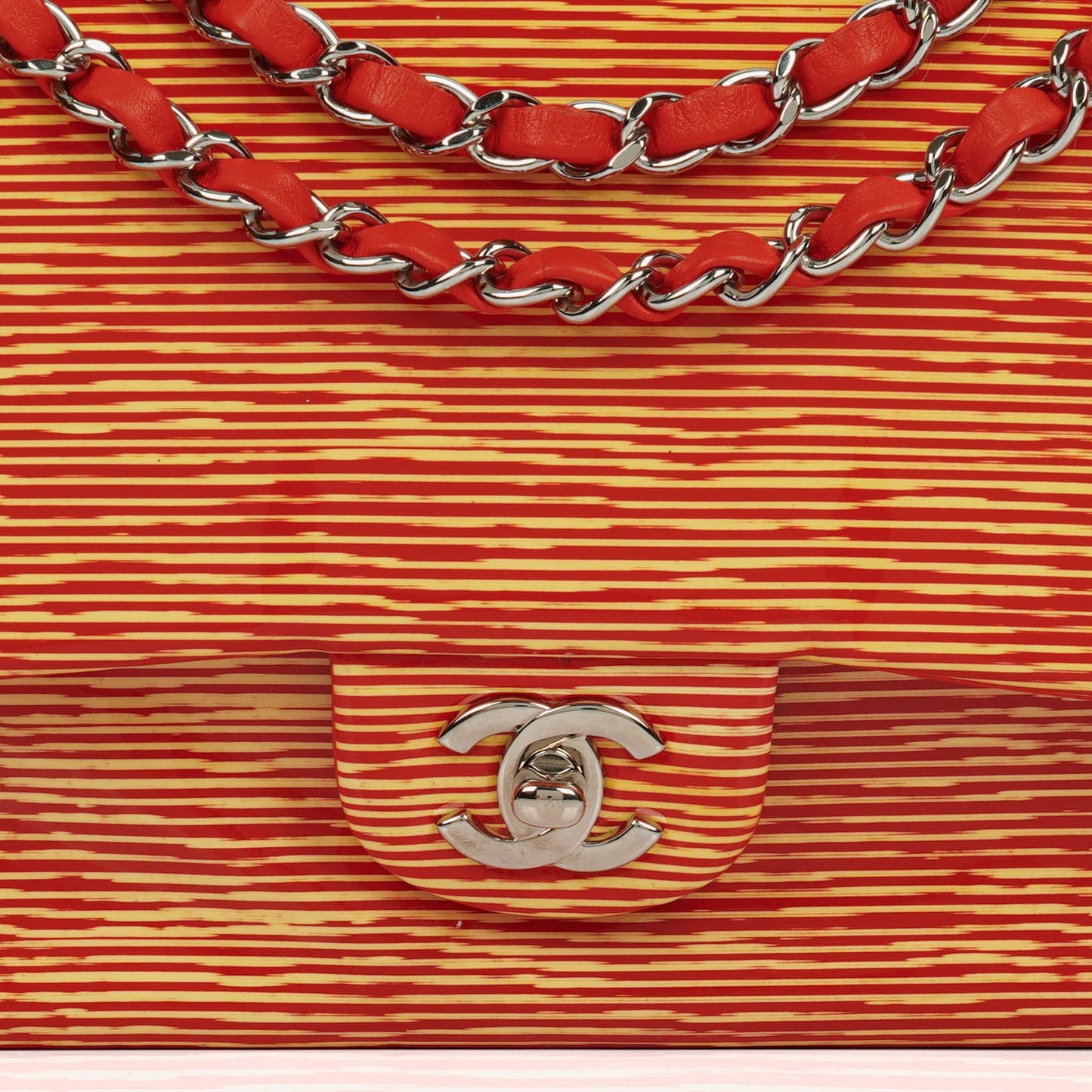 Chanel Timeless Classic Double Flap Bag In Red And Yellow Striped Patent Leather And Silver Finishes
