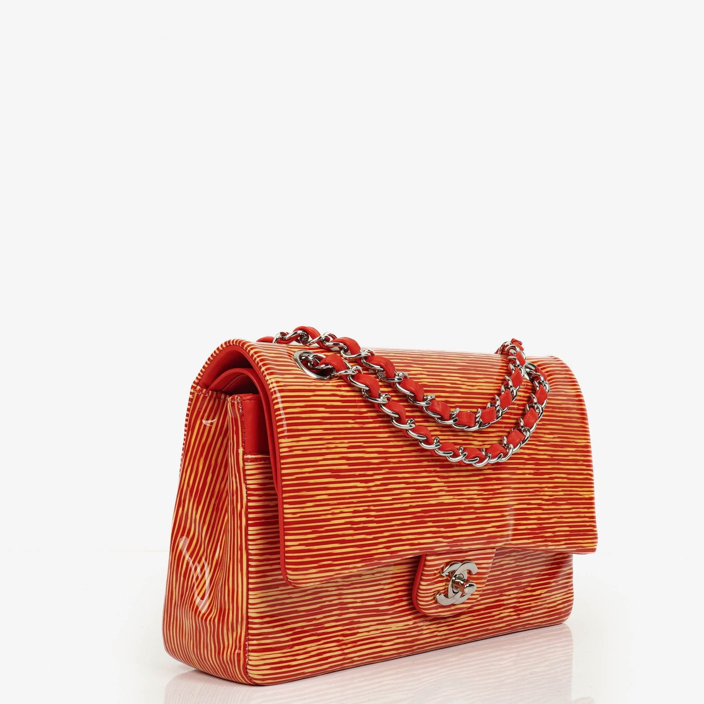 Chanel Timeless Classic Double Flap Bag In Red And Yellow Striped Patent Leather And Silver Finishes