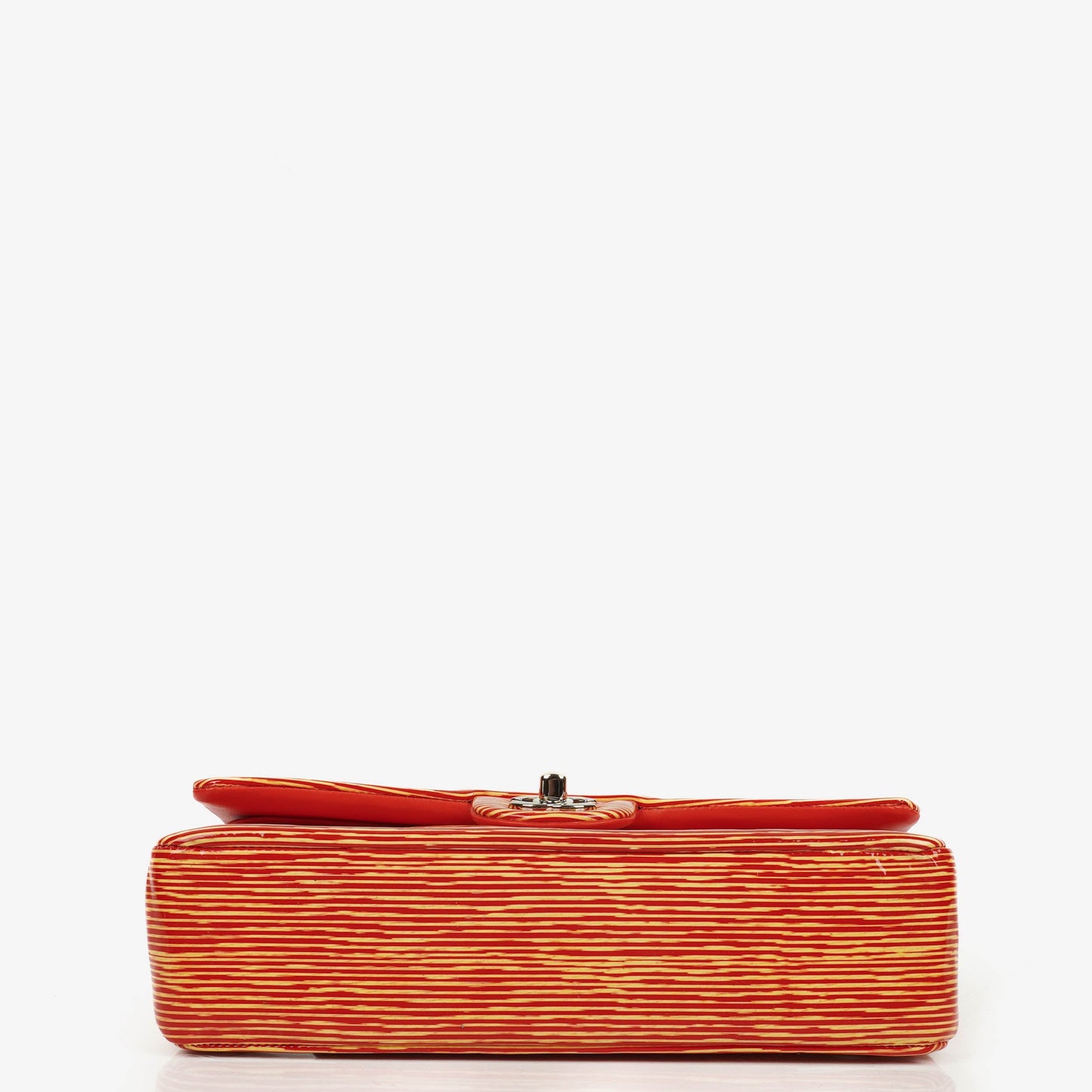 Chanel Timeless Classic Double Flap Bag In Red And Yellow Striped Patent Leather And Silver Finishes
