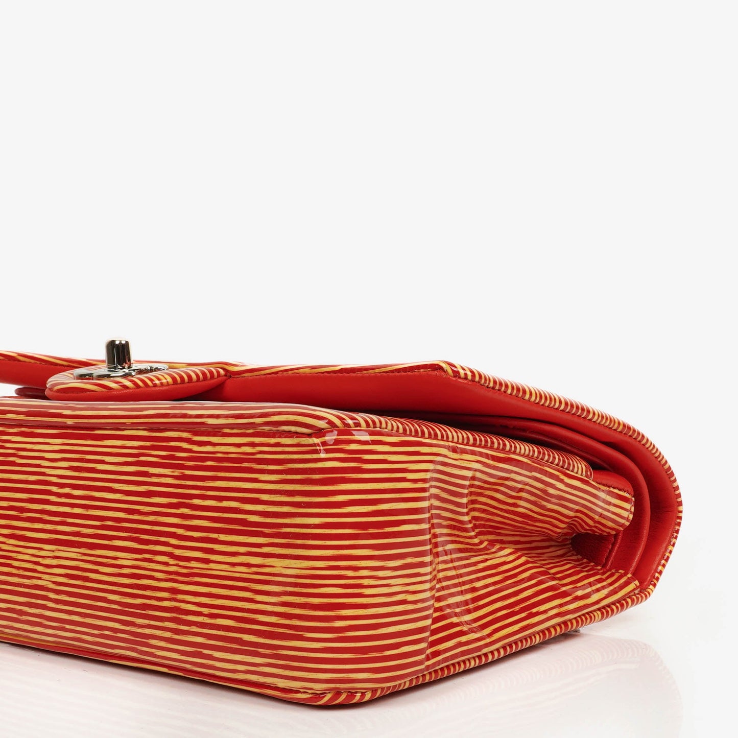 Chanel Timeless Classic Double Flap Bag In Red And Yellow Striped Patent Leather And Silver Finishes