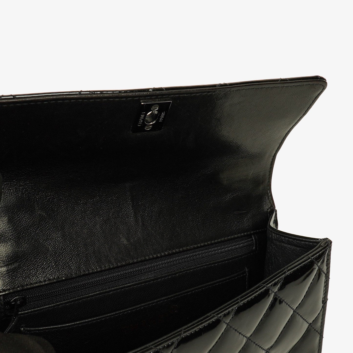 Chanel Small Single Black Quilted Patent Leather Flap Bag