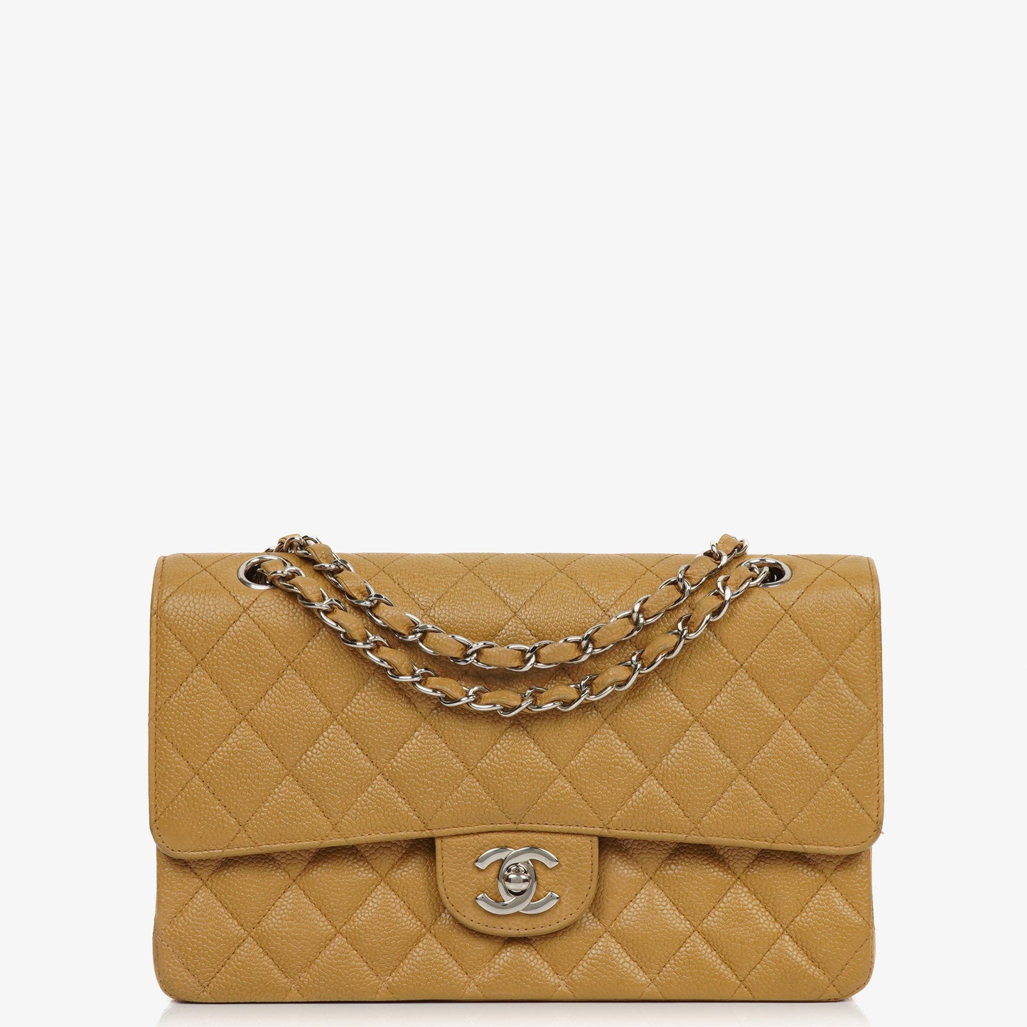 Chanel Medium Classic  Double Flap Bag Beige Quilted Caviar Leather With Silver-Tone Hardware