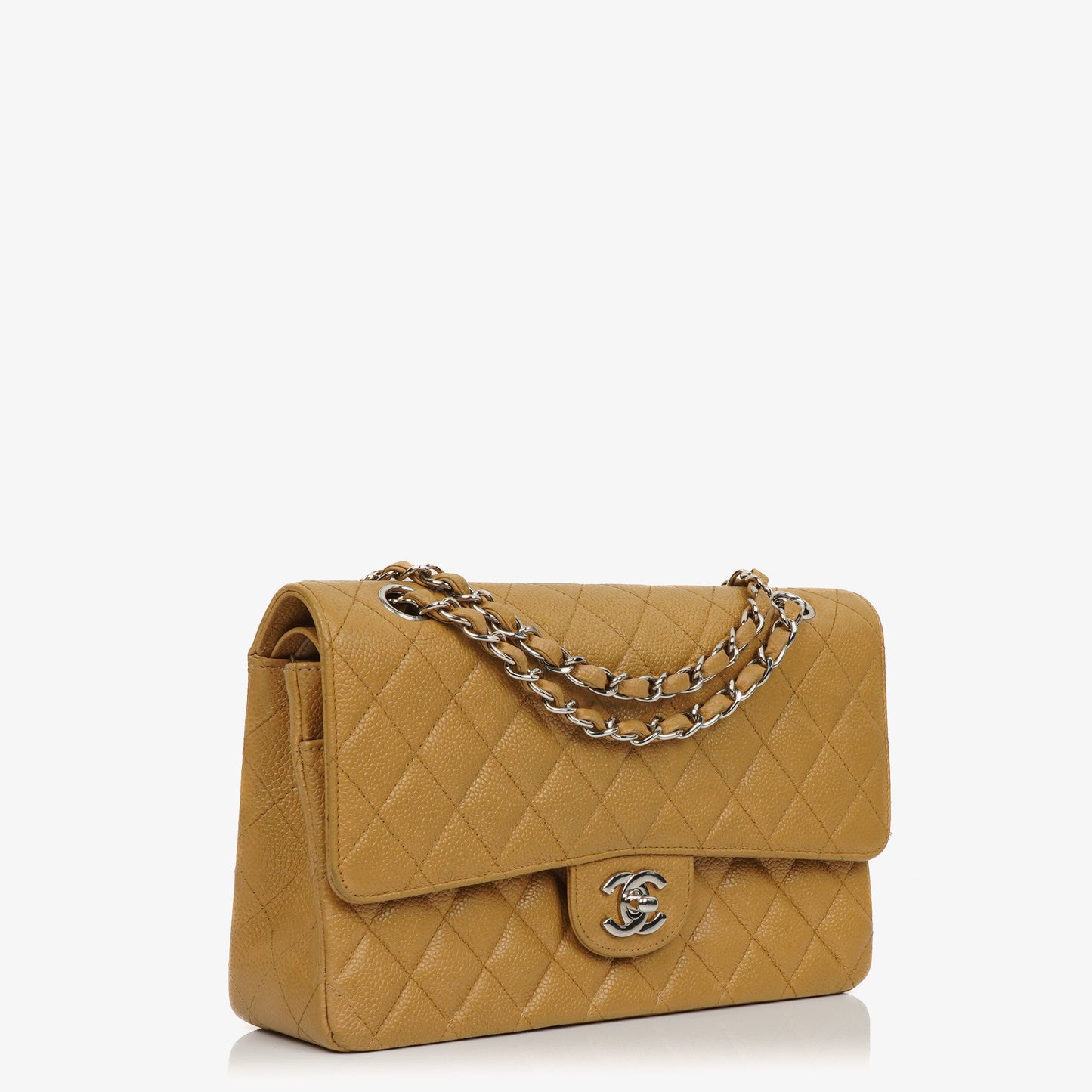 Chanel Medium Classic  Double Flap Bag Beige Quilted Caviar Leather With Silver-Tone Hardware