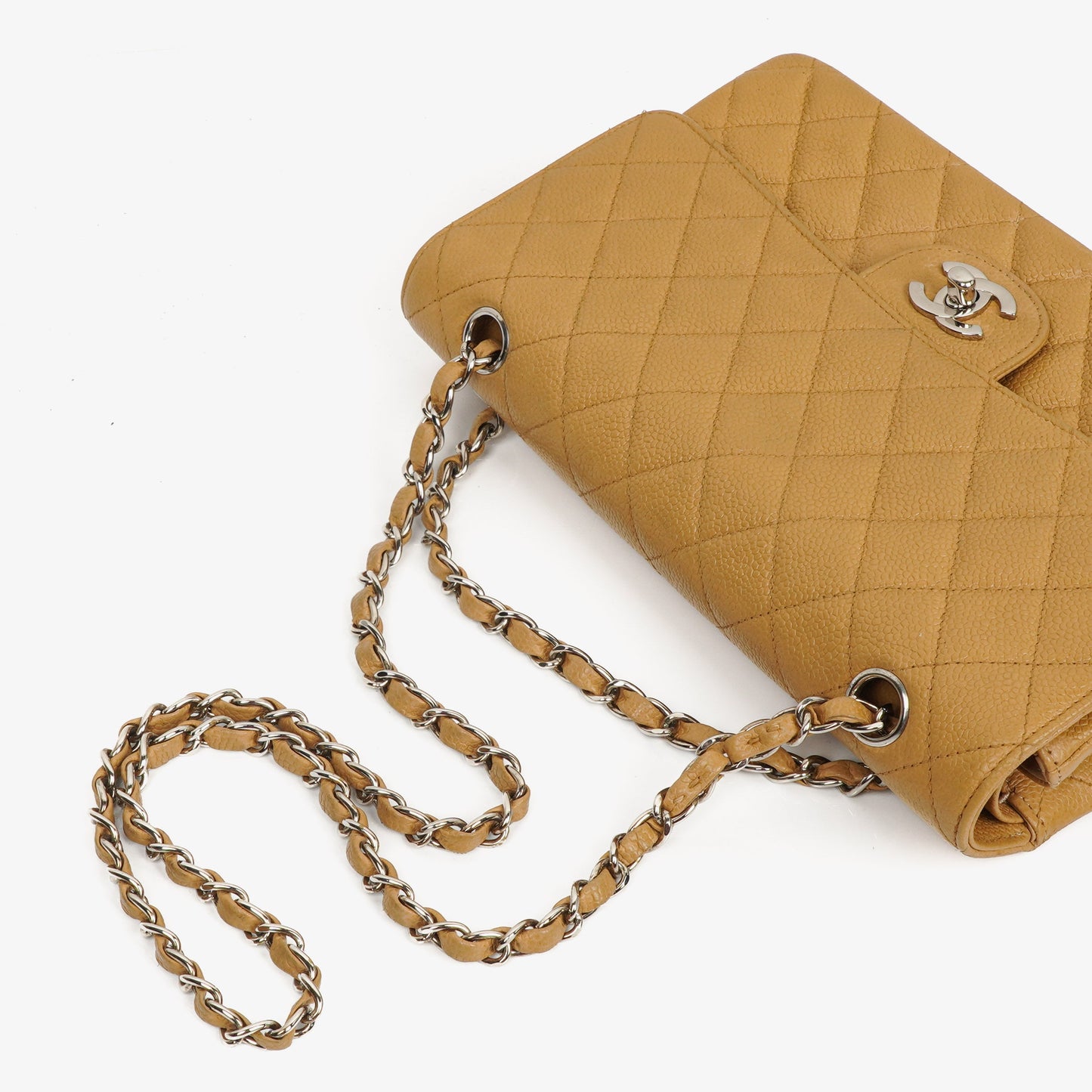 Chanel Medium Classic  Double Flap Bag Beige Quilted Caviar Leather With Silver-Tone Hardware