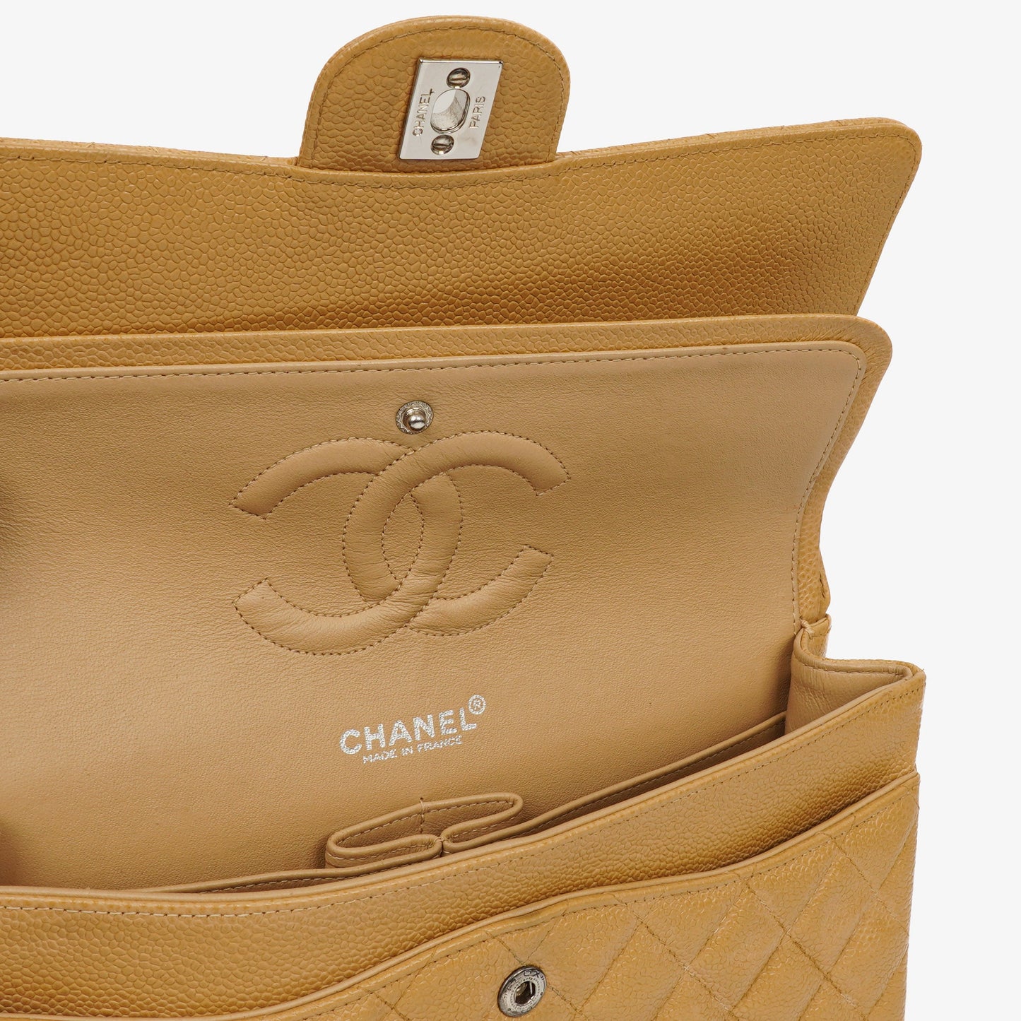 Chanel Medium Classic  Double Flap Bag Beige Quilted Caviar Leather With Silver-Tone Hardware