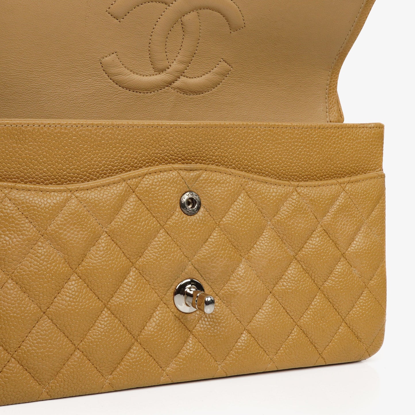 Chanel Medium Classic  Double Flap Bag Beige Quilted Caviar Leather With Silver-Tone Hardware