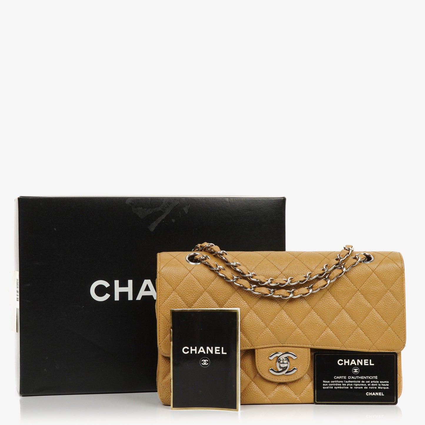Chanel Medium Classic  Double Flap Bag Beige Quilted Caviar Leather With Silver-Tone Hardware