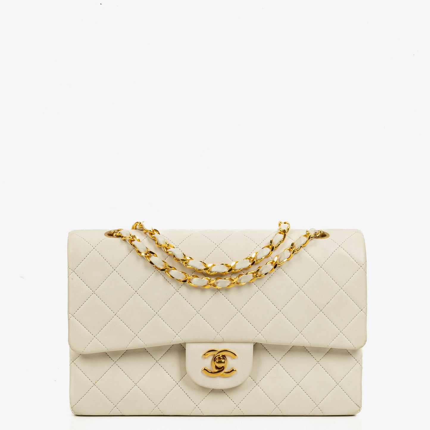 Chanel Medium Classic  Double Flap Bag In White Quilted Lambskin And 24K Gold-Plated Hardware