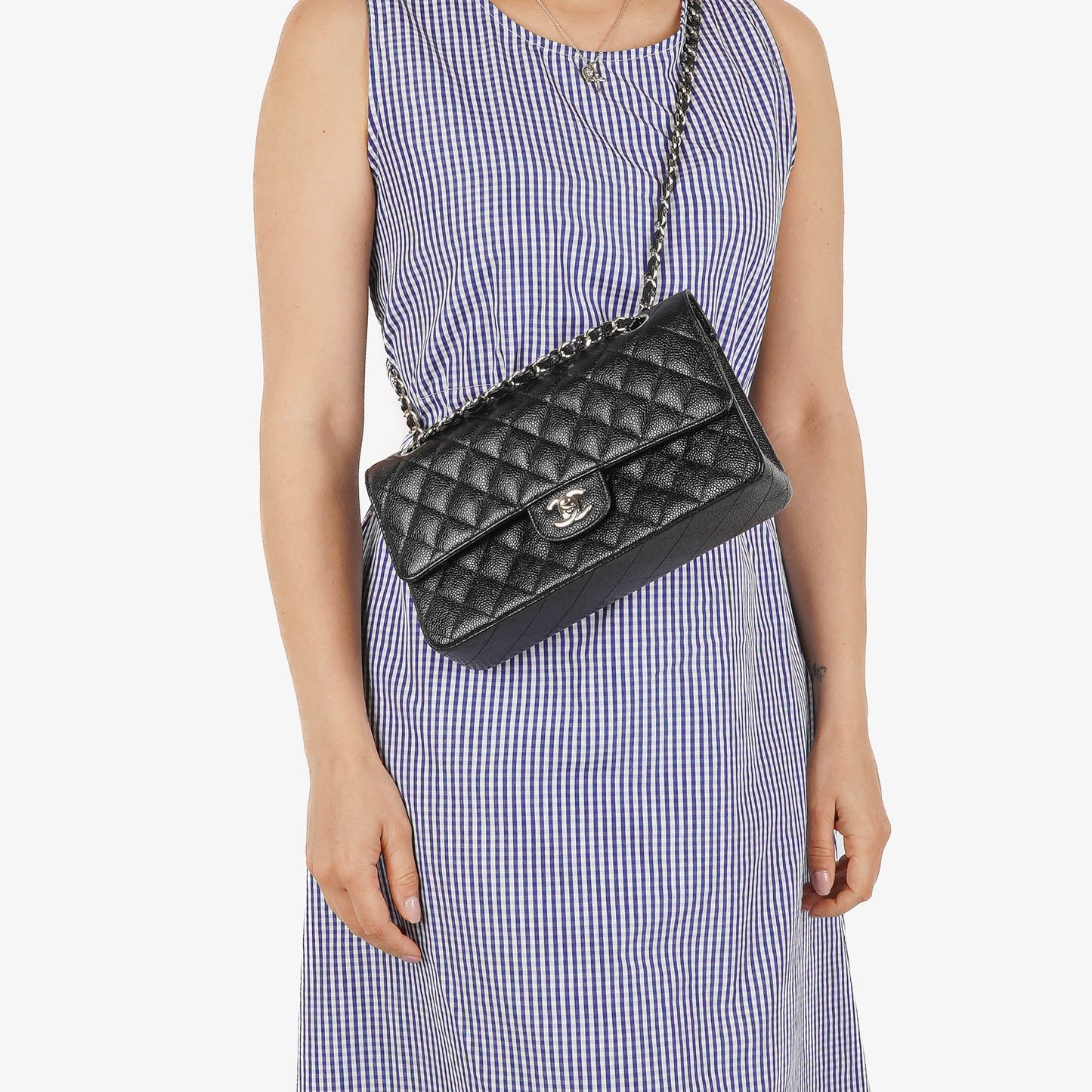 Chanel Medium Classic Black Quilted Caviar Double Flap Bag With Silver - Tone Hardware