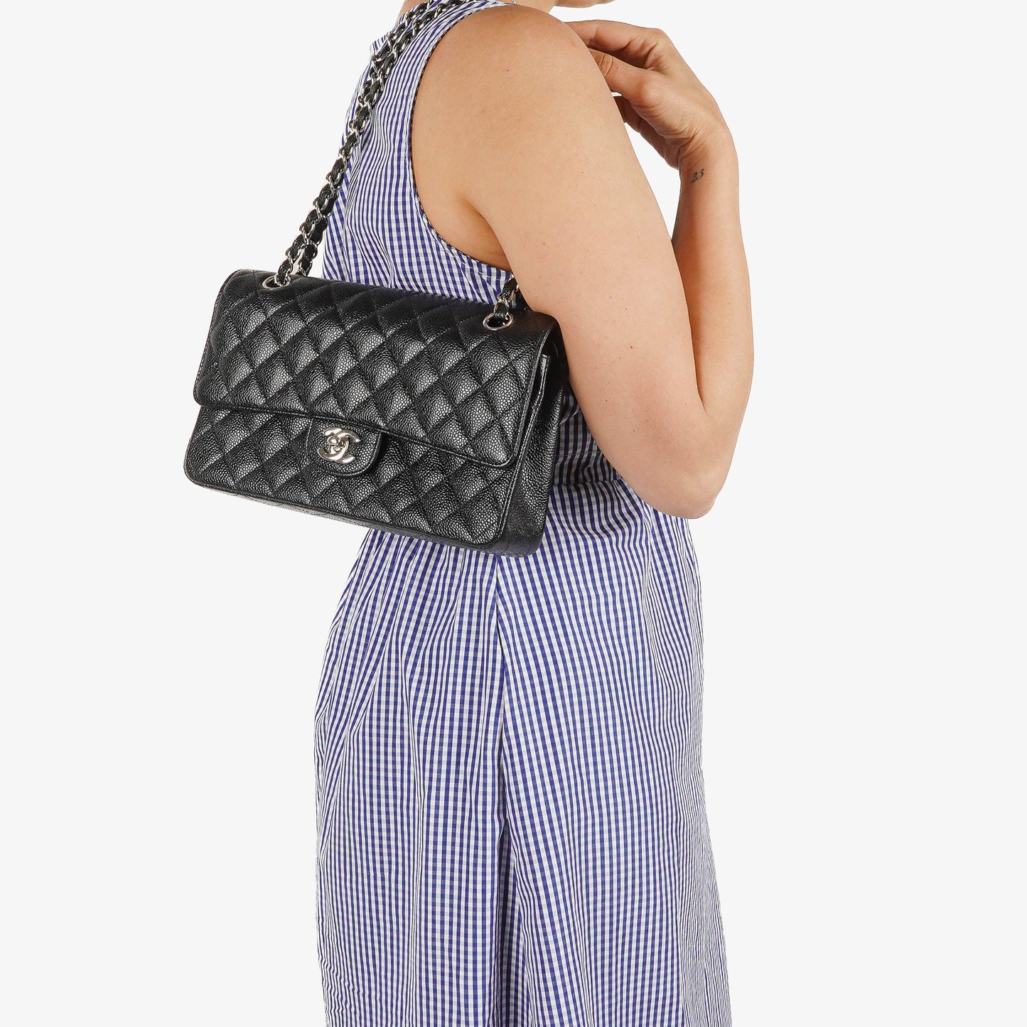 Chanel Medium Classic Black Quilted Caviar Double Flap Bag With Silver - Tone Hardware