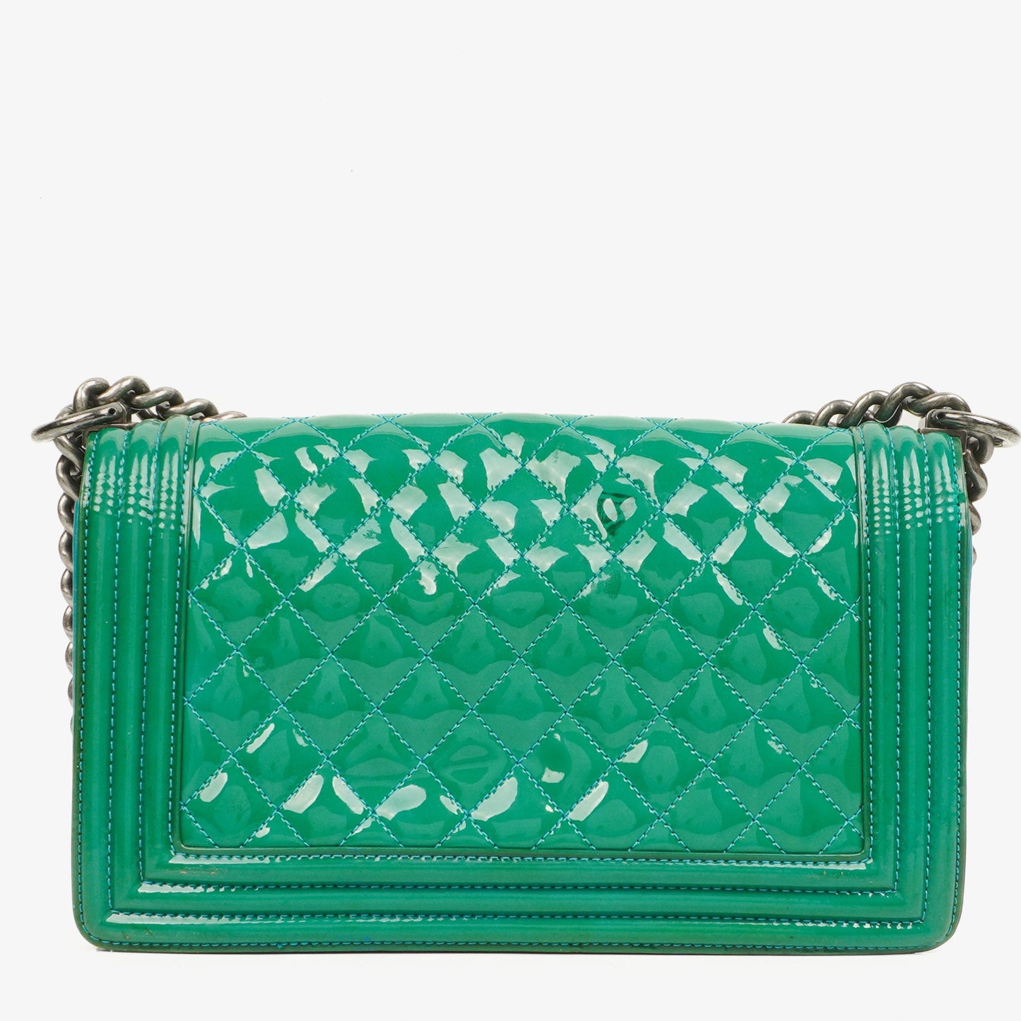 Chanel Old Medium Boy Flap Bag Green Patent Leather Ruthenium Hardware