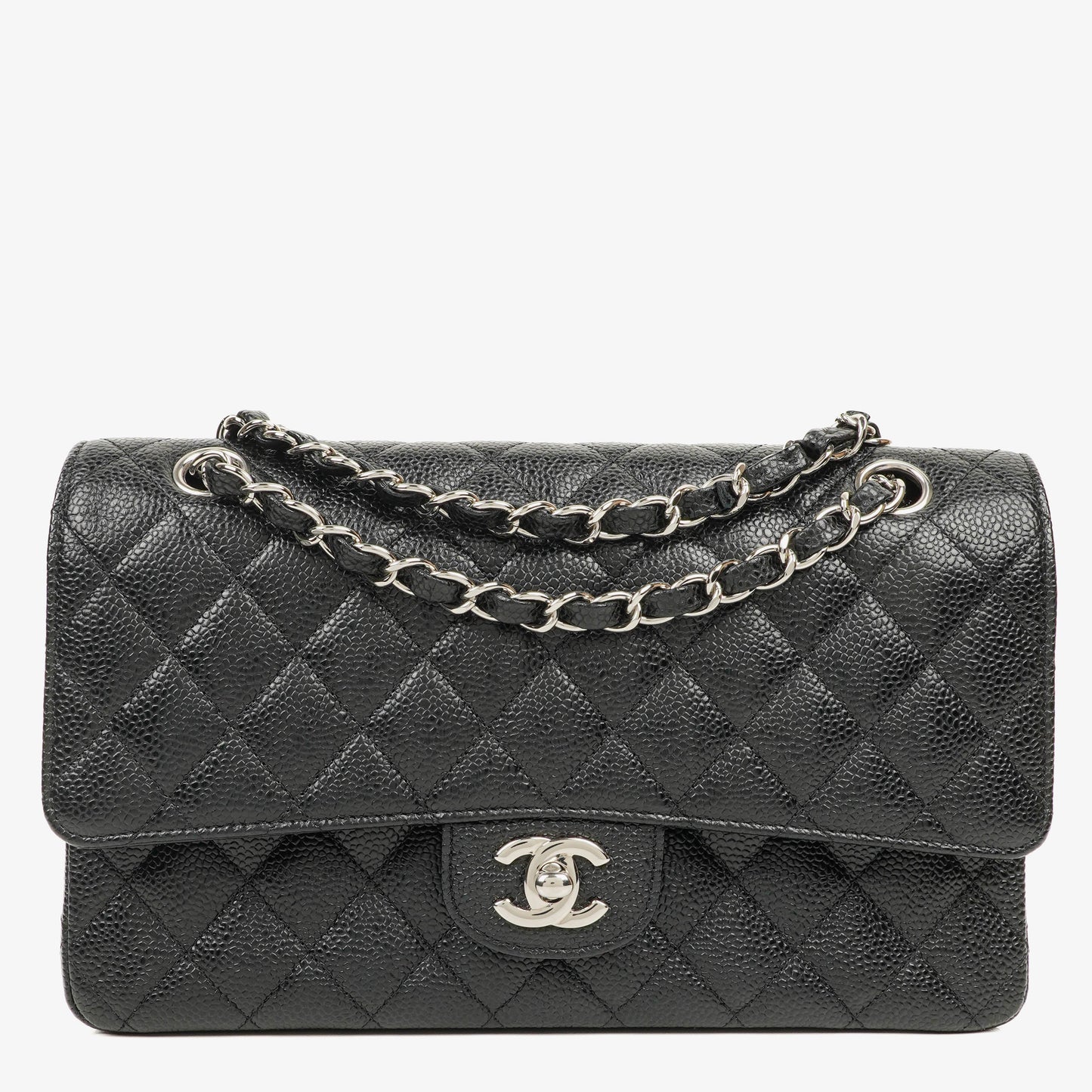 Chanel Medium Classic Black Quilted Caviar Double Flap Bag With Silver - Tone Hardware
